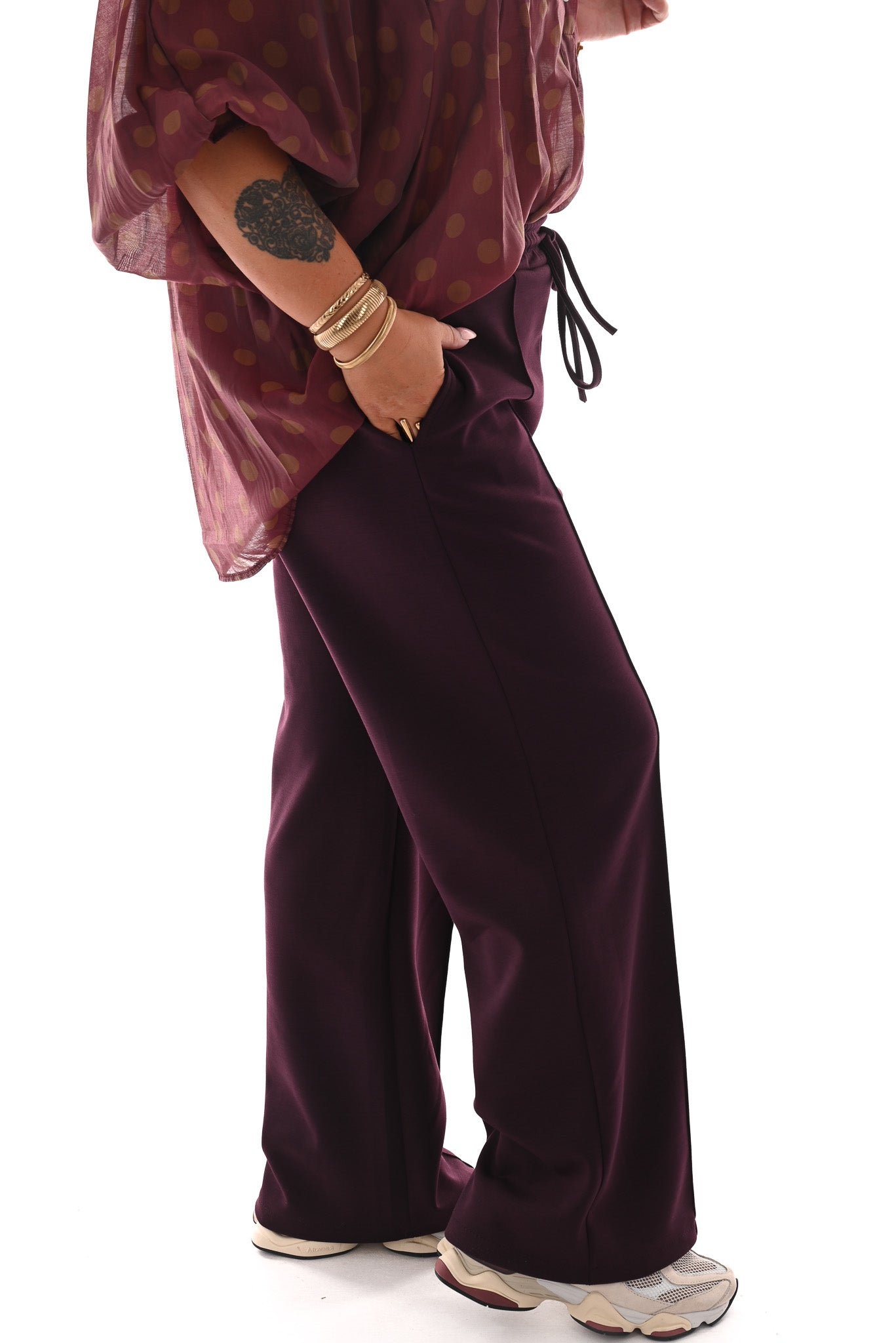 Wide leg joggingsbroek met naad aubergine