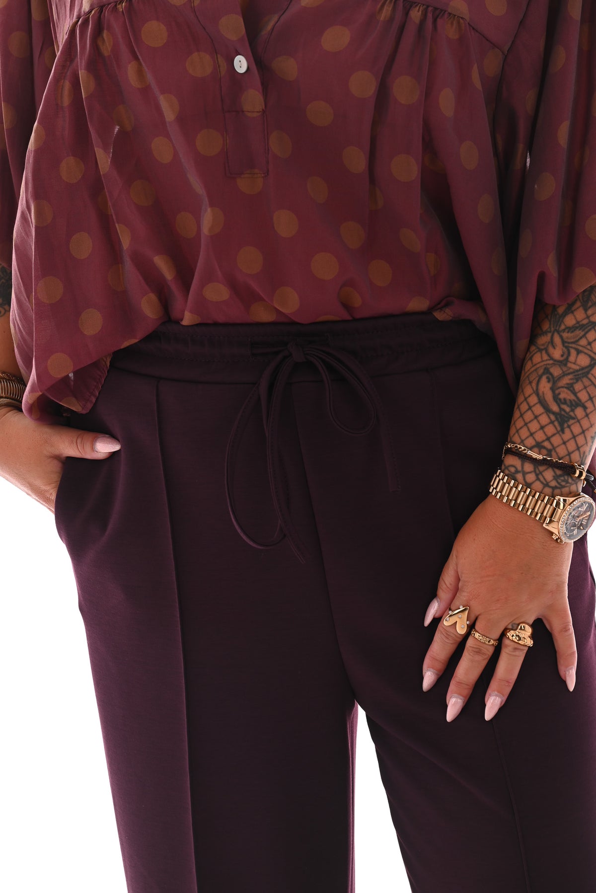 Wide leg joggingsbroek met naad aubergine