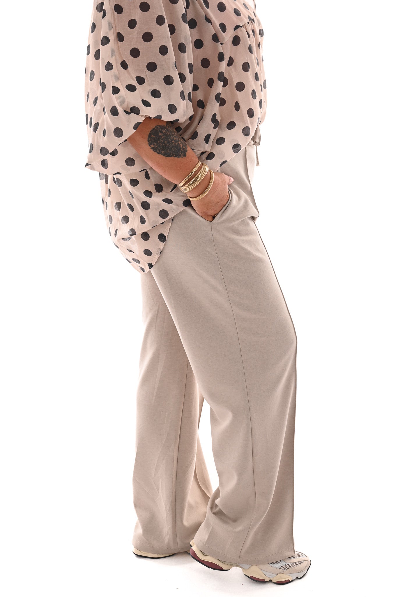 Wide leg joggingsbroek met naad beige