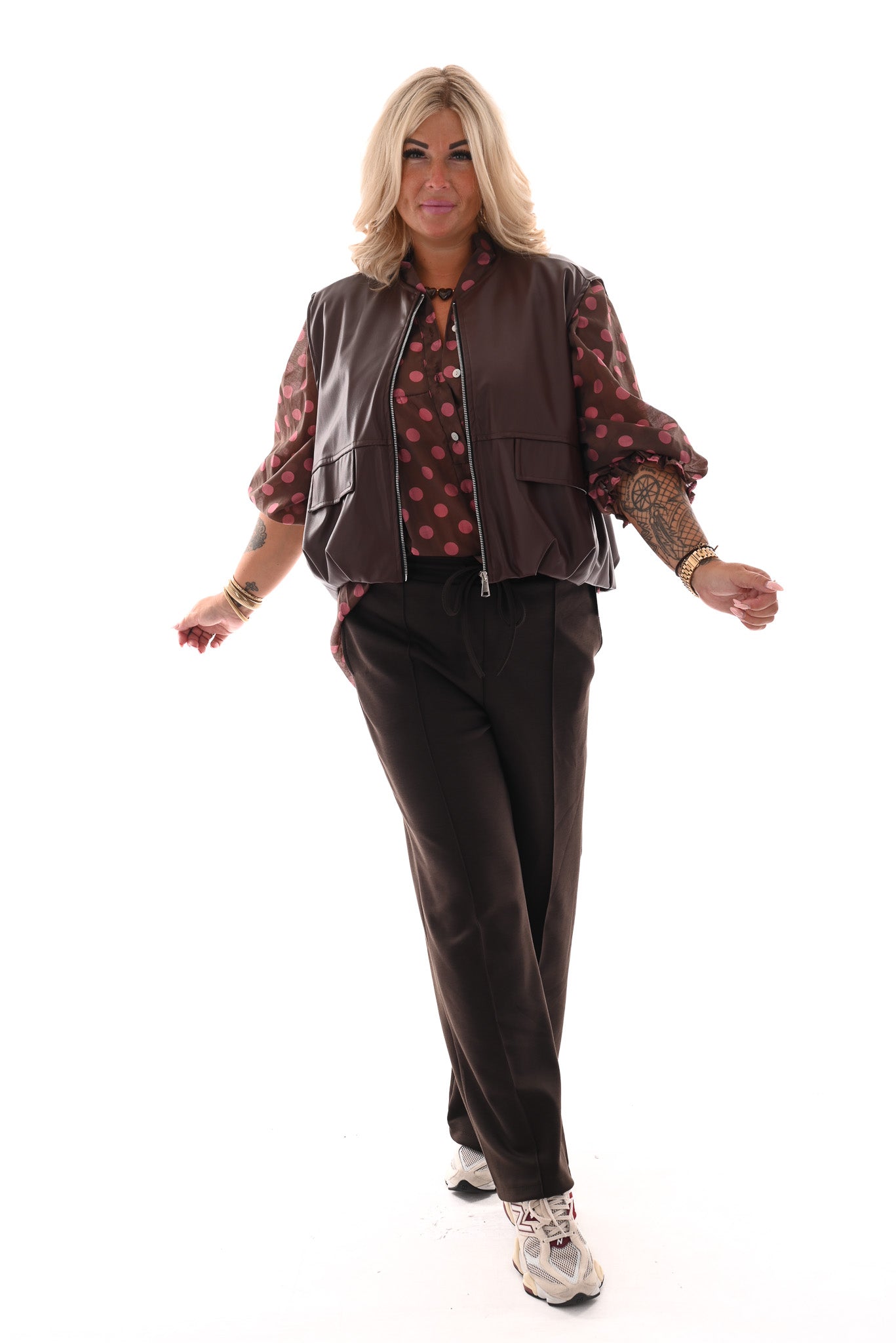 Blouse grote dots bruin/roze