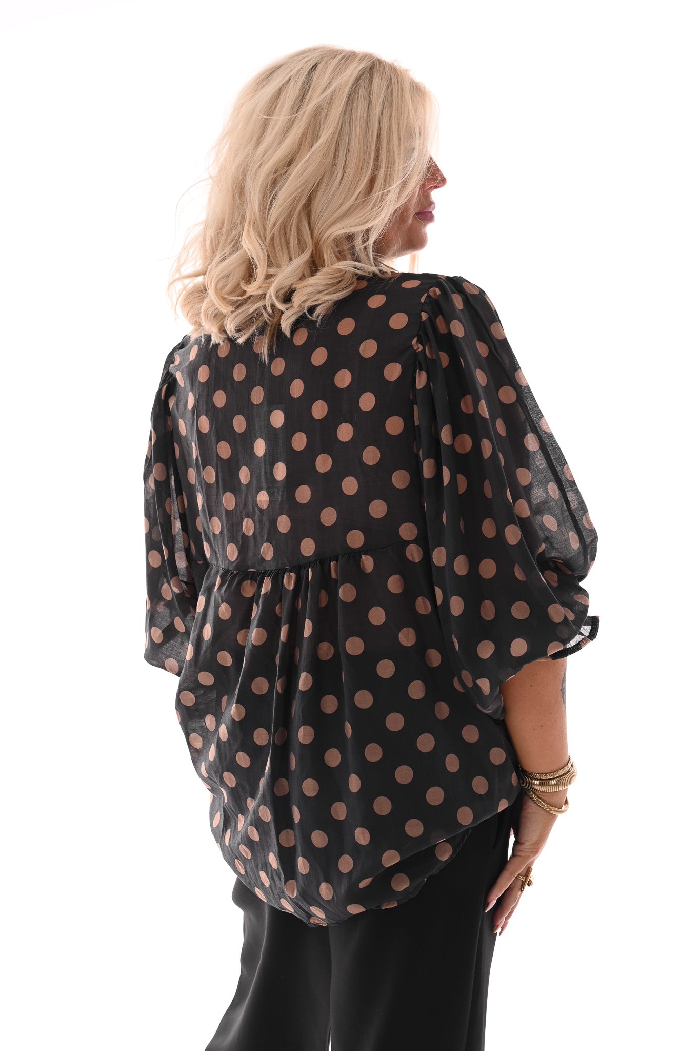 Blouse grote dots antraciet/roze