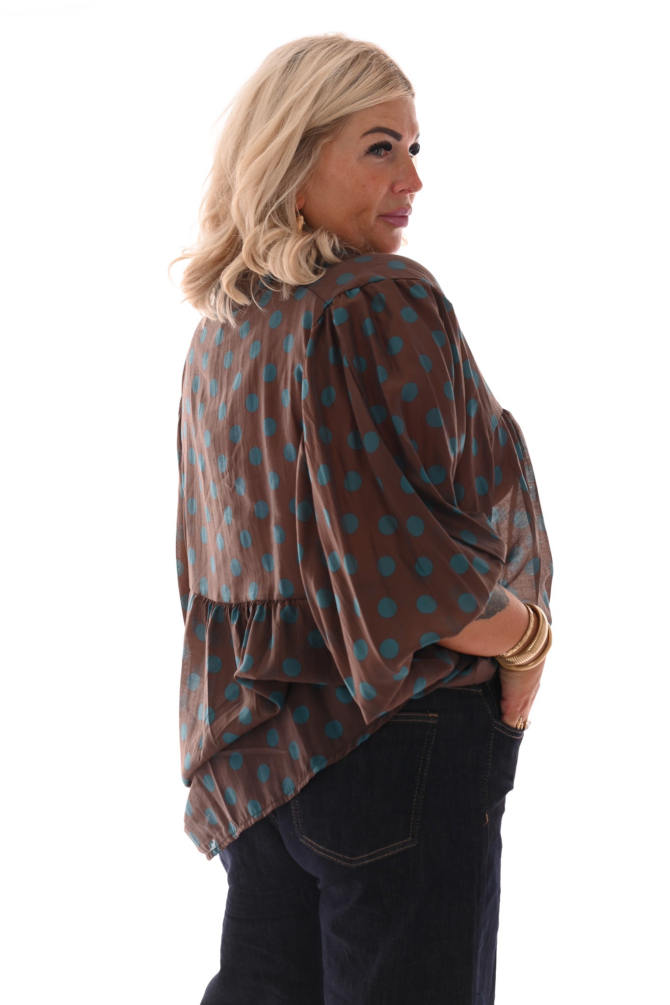 Blouse grote dots bruin/turquoise