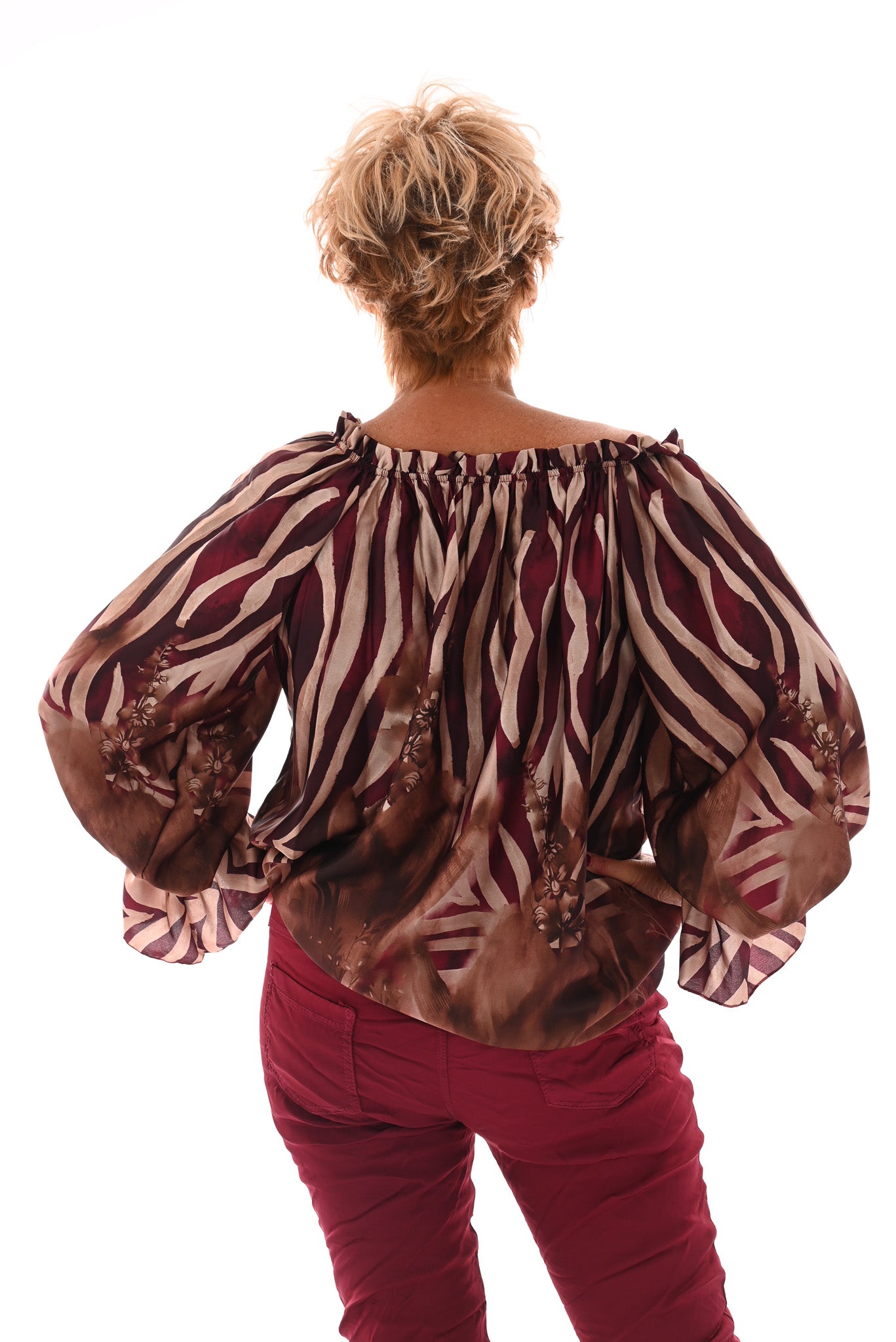 Off-shoulder top zebra en bloemen bordeaux