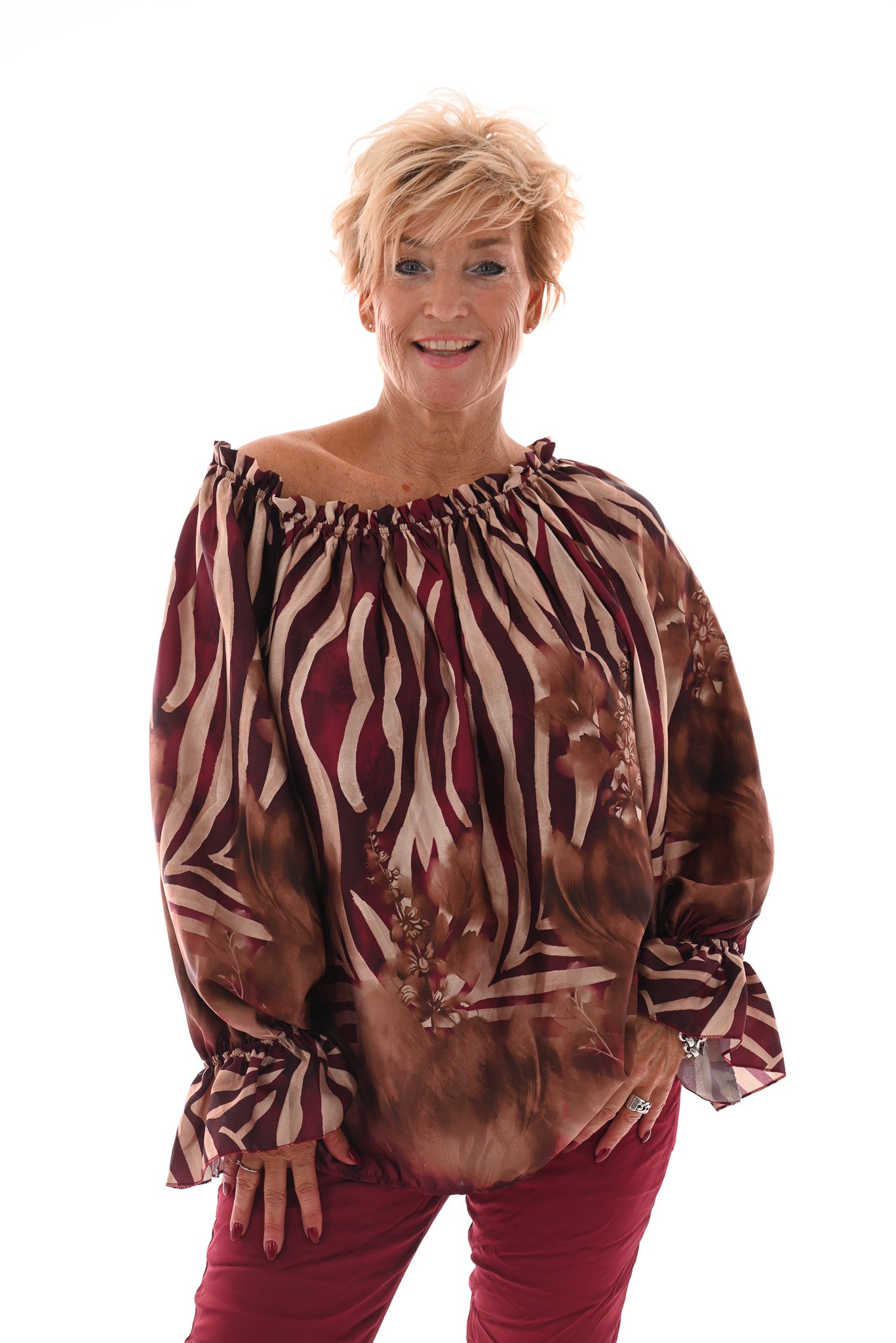Off-shoulder top zebra en bloemen bordeaux