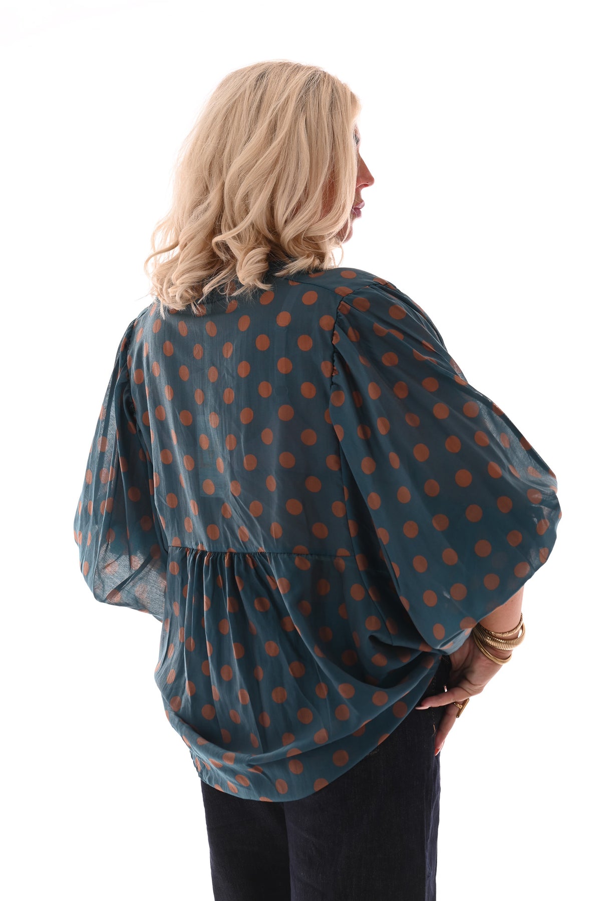 Blouse grote dots petrol/bruin