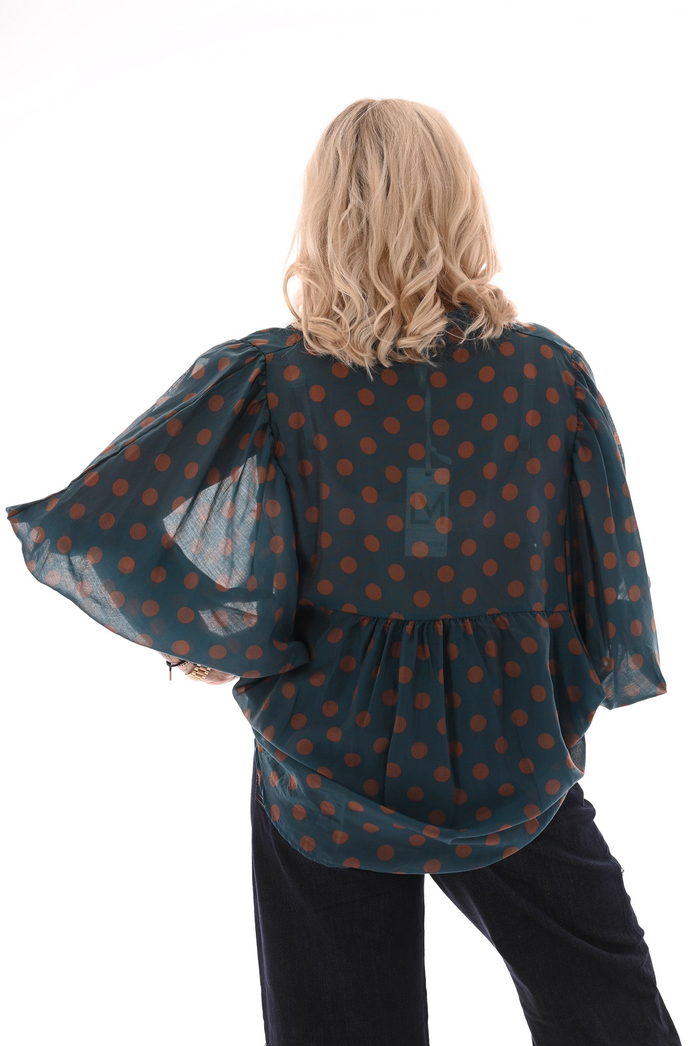 Blouse grote dots petrol/bruin