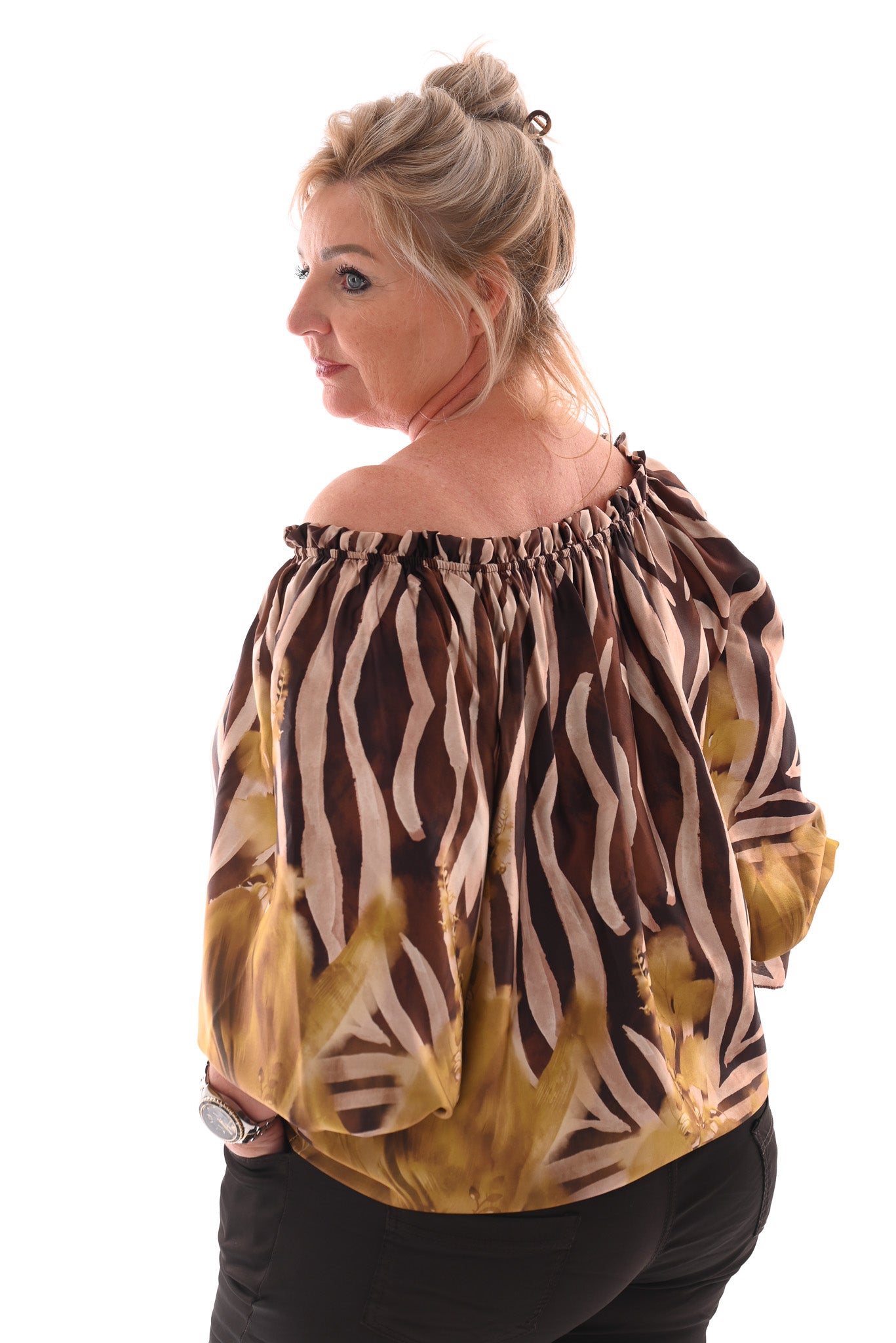 Off-shoulder top zebra en bloemen limegroen
