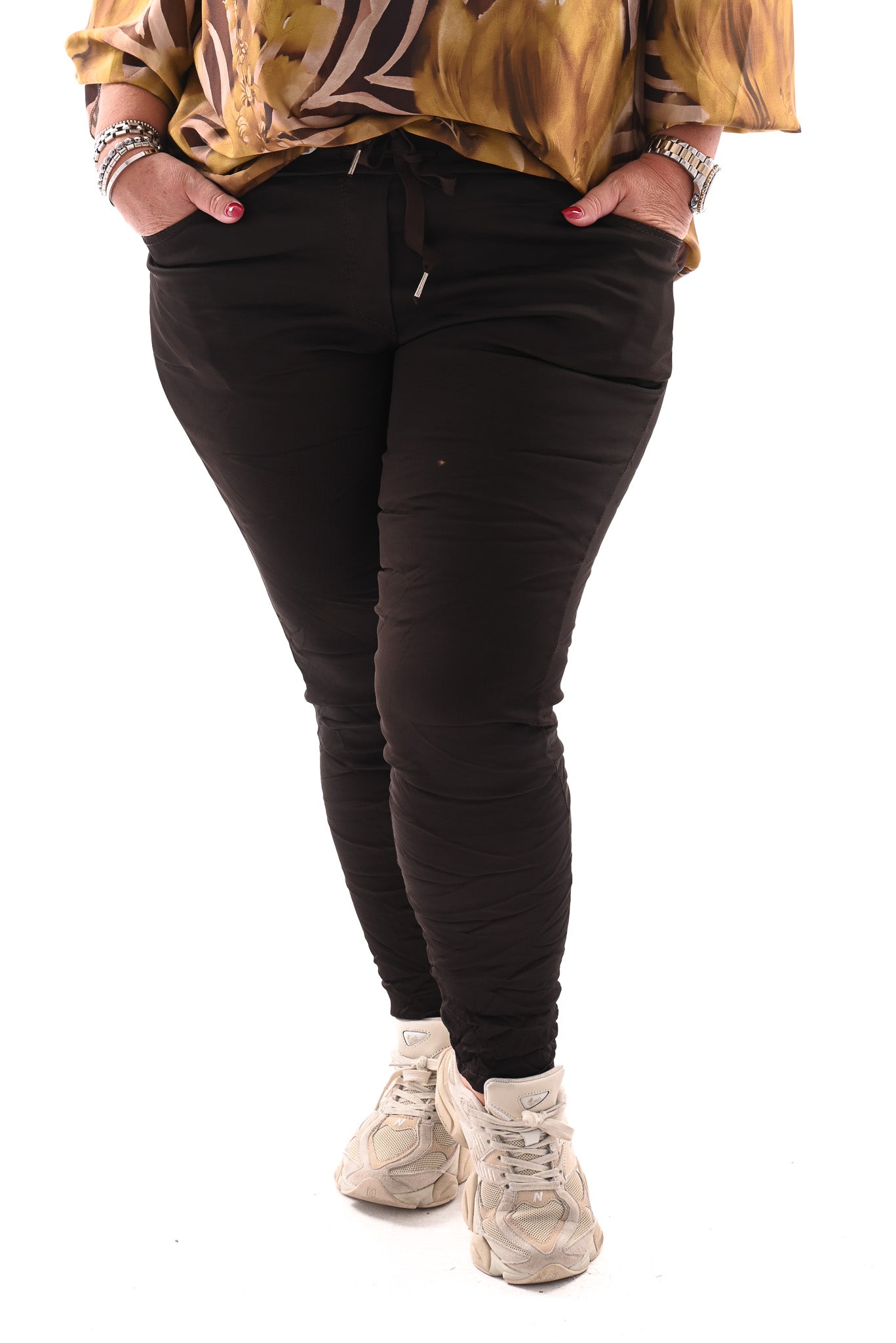 Silky stretchbroek uni donkerbruin