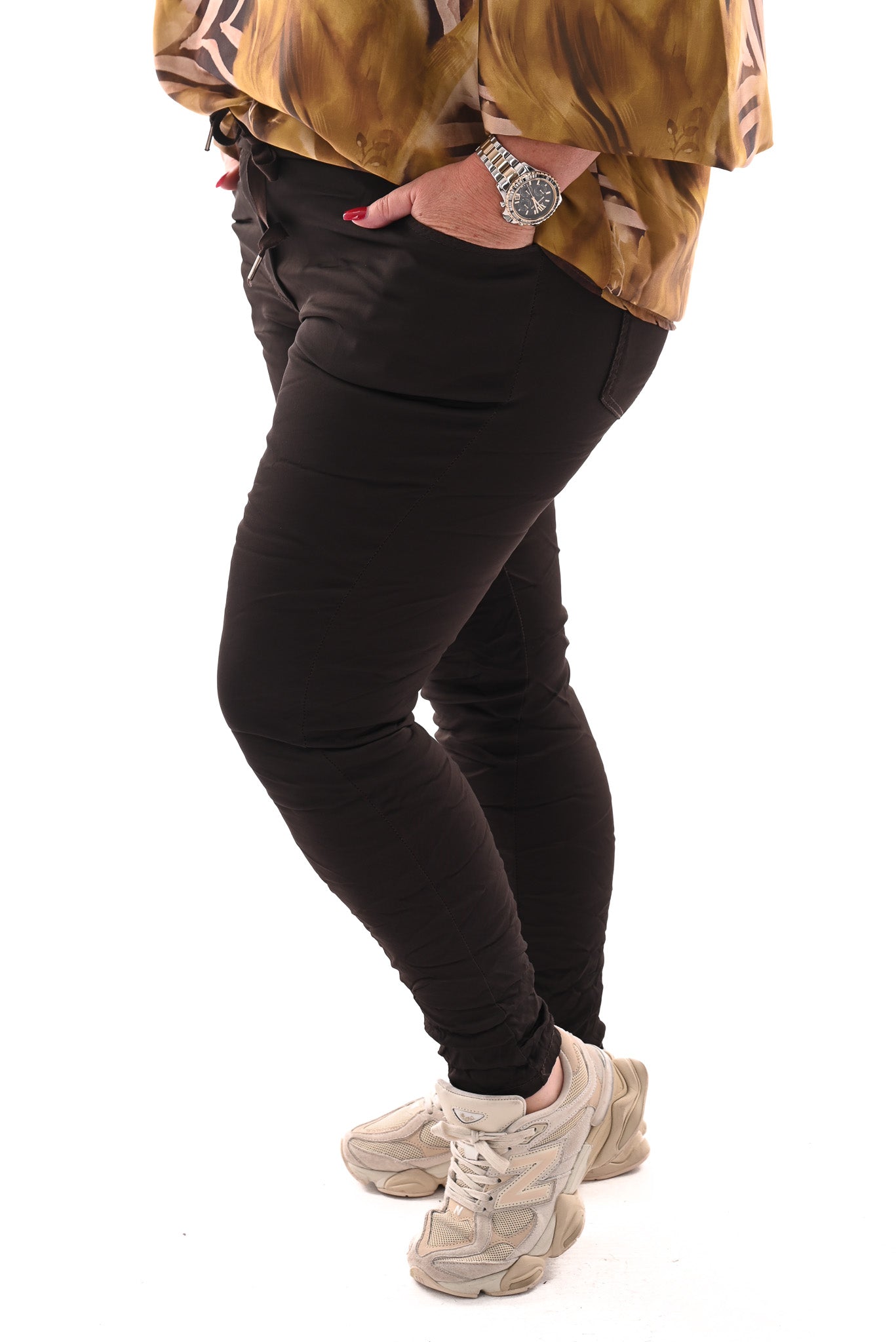 Silky stretchbroek uni donkerbruin