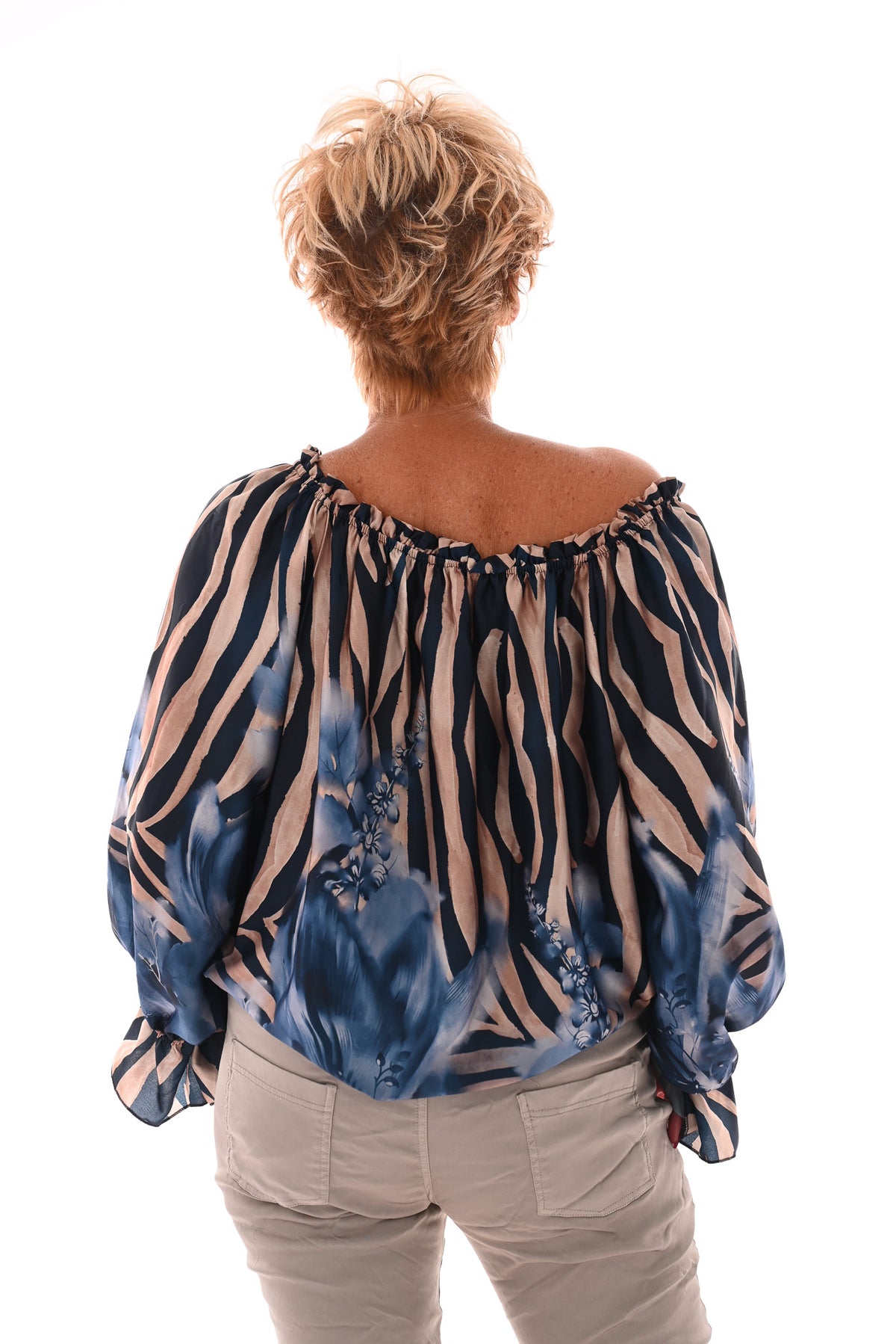 Off-shoulder top zebra en bloemen blauw