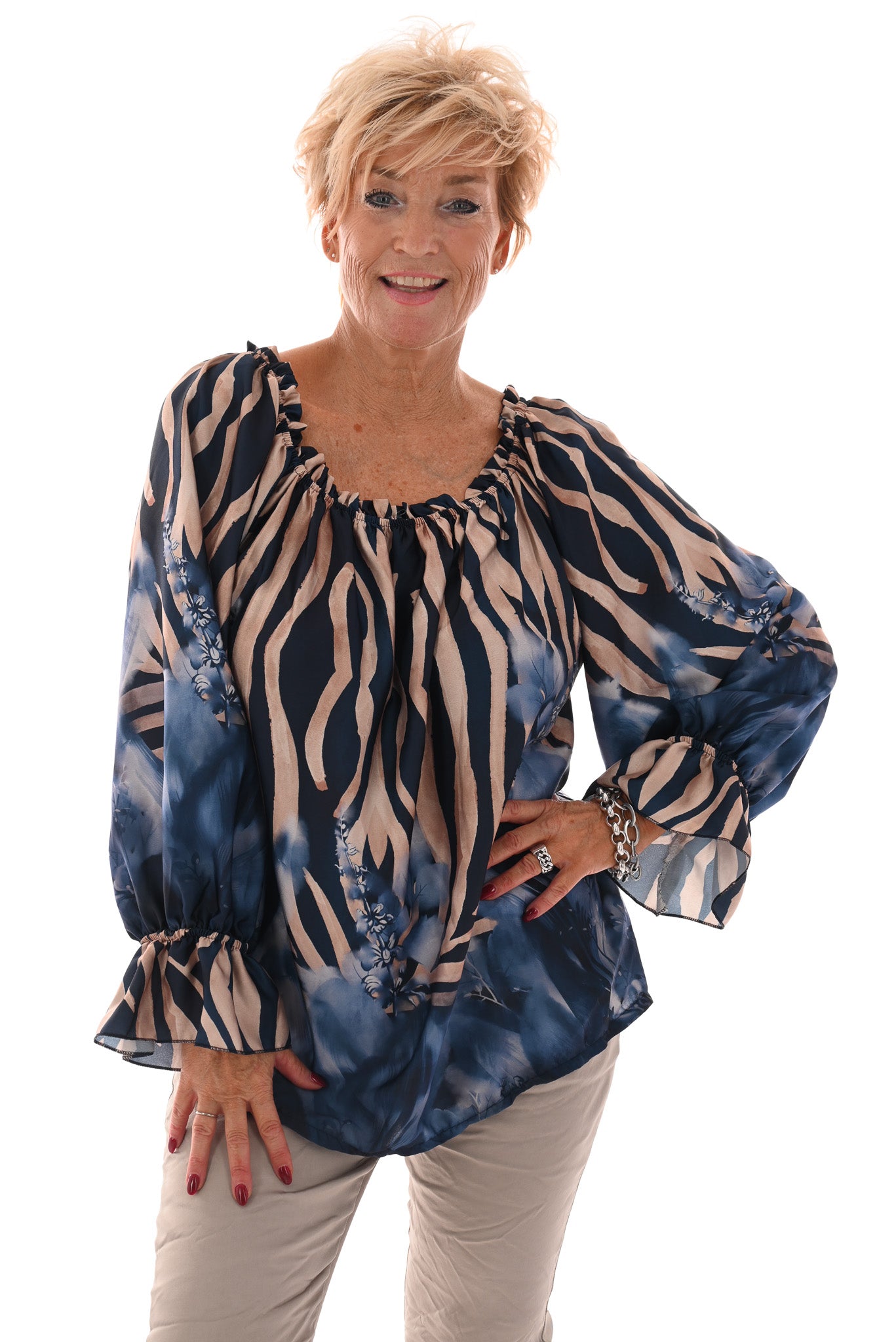 Off-shoulder top zebra en bloemen blauw