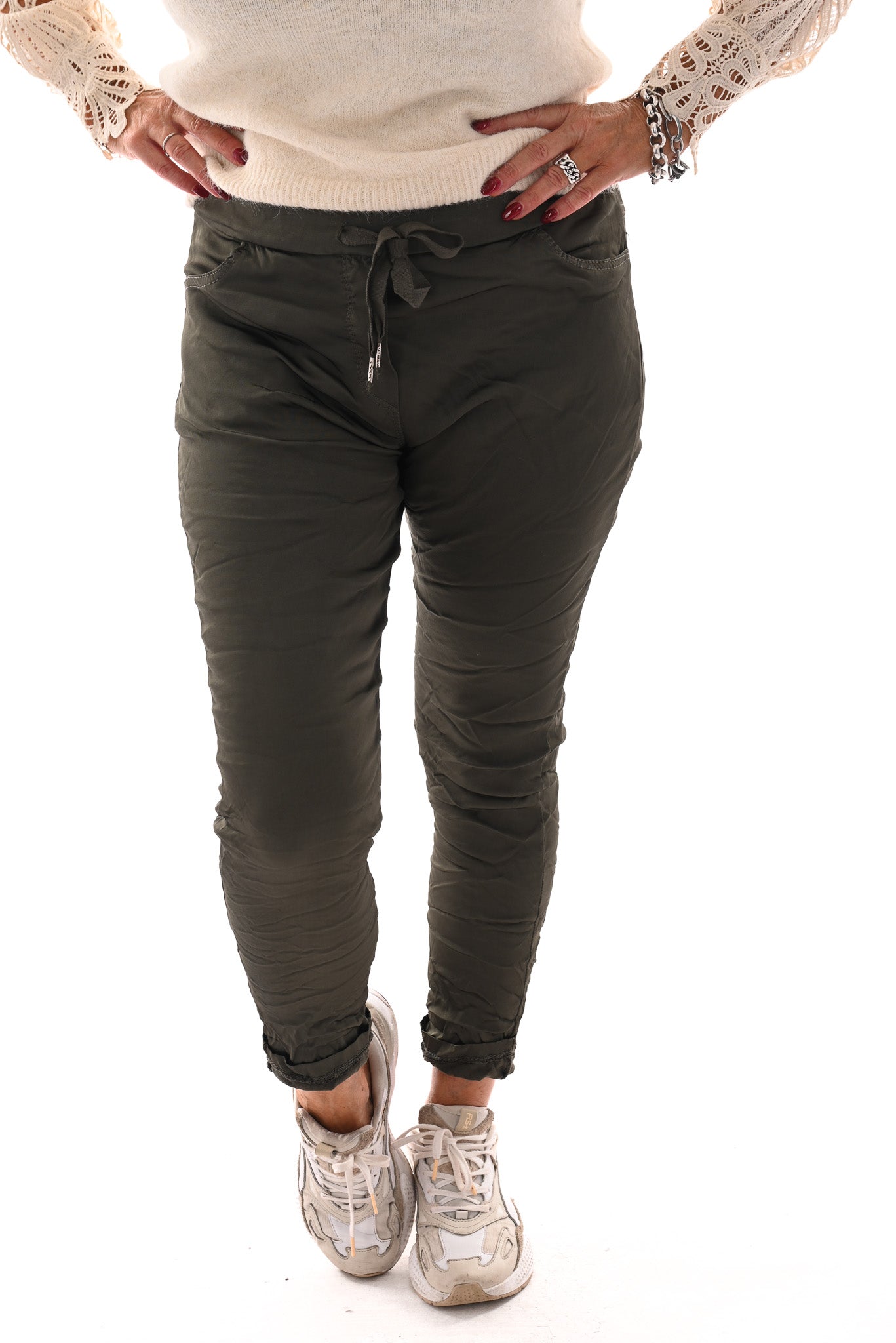 Silky stretchbroek uni legergroen