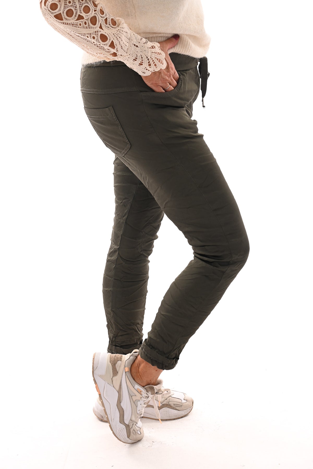 Silky stretchbroek uni legergroen