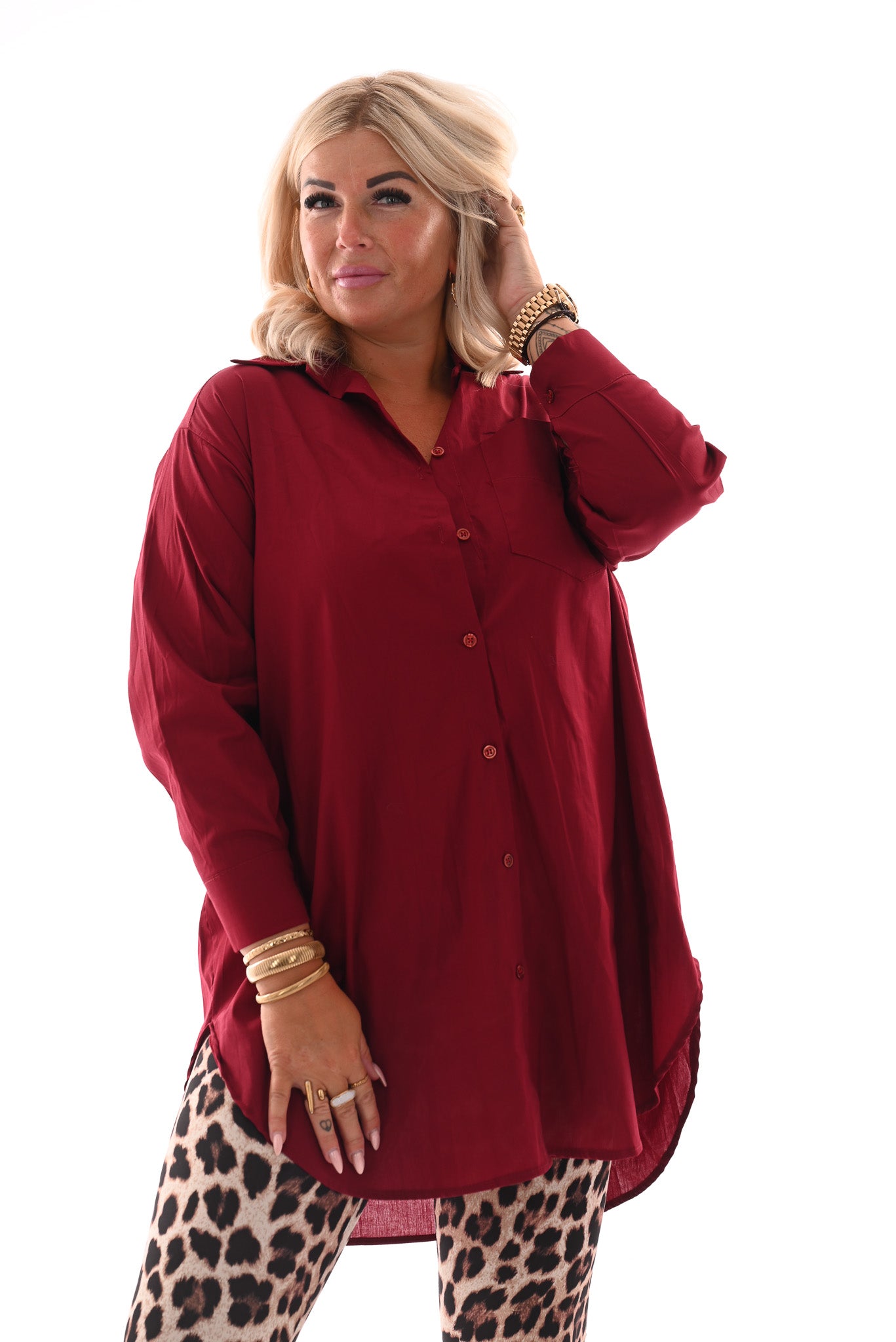 Lange doorknoop blouse uni bordeaux