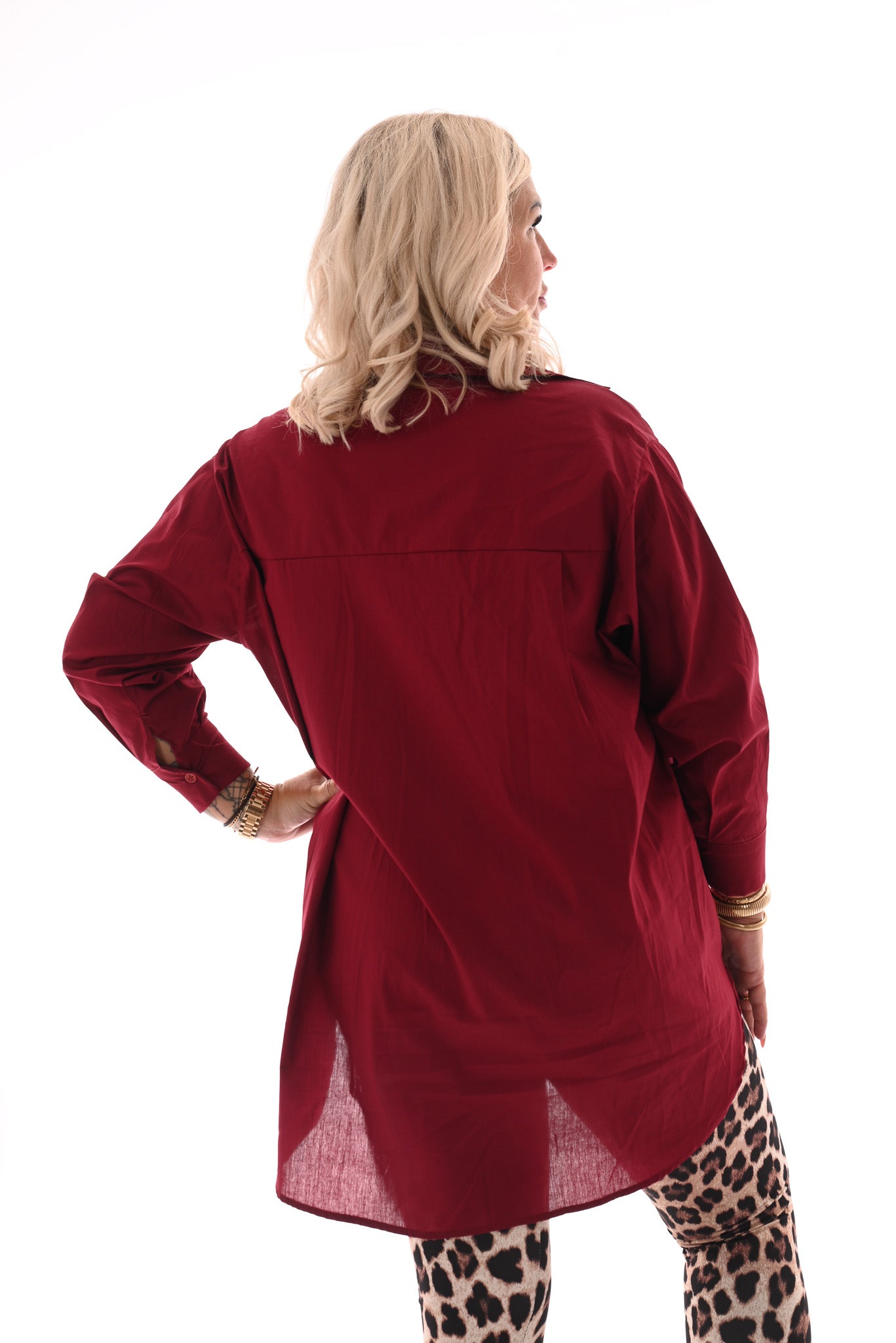 Lange doorknoop blouse uni bordeaux
