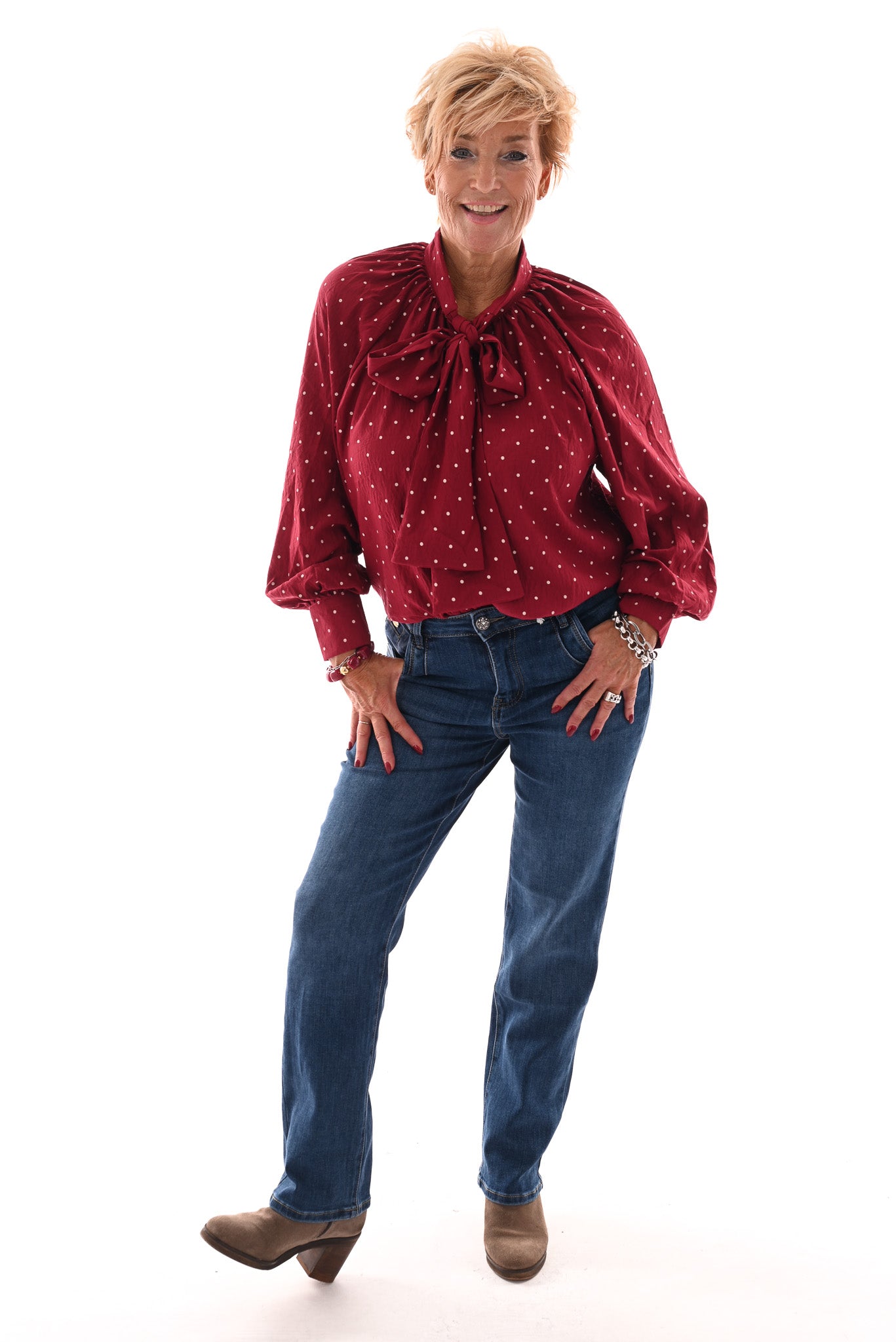 Blouse kleine dots met strik rood