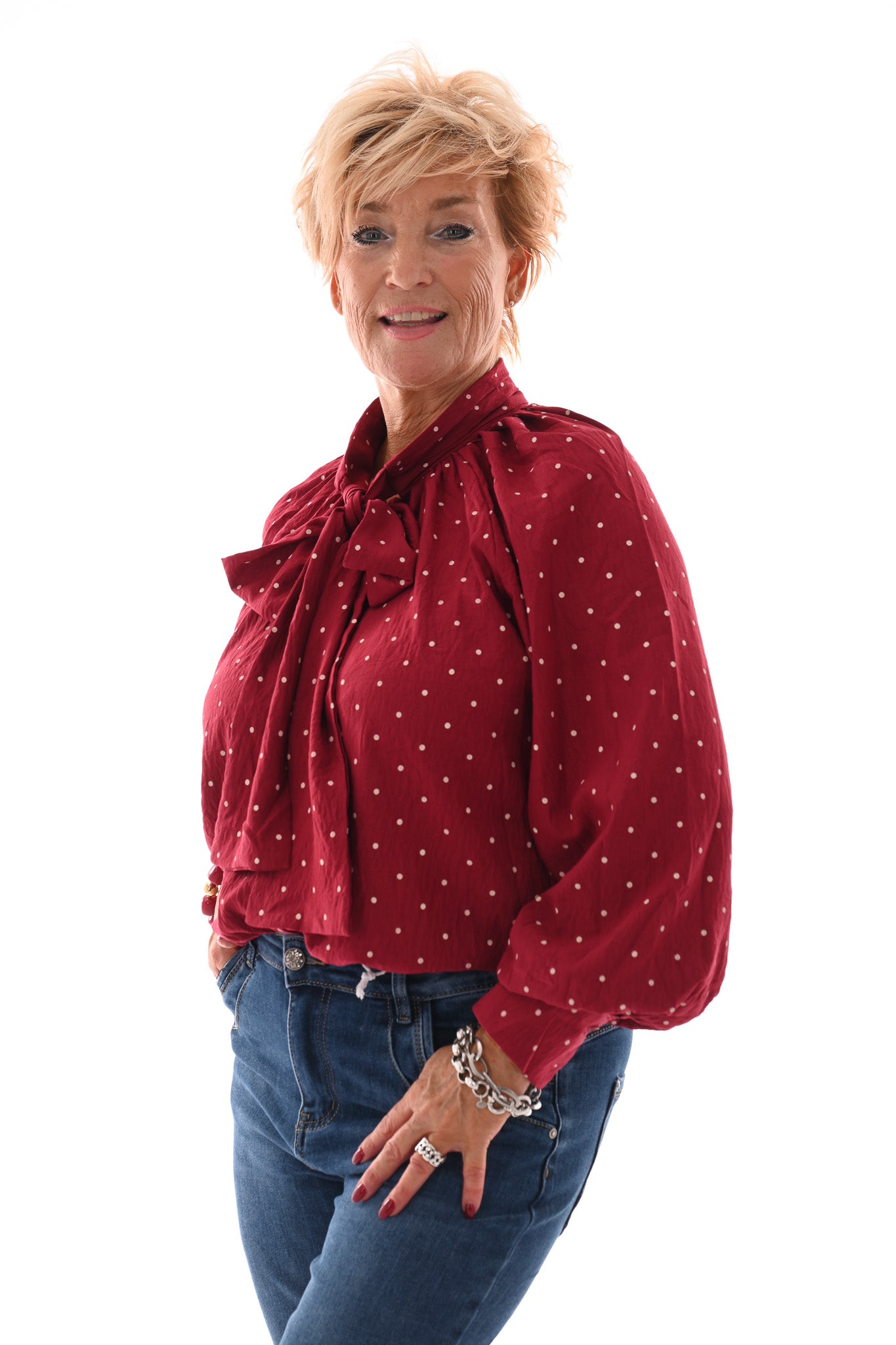 Blouse kleine dots met strik rood