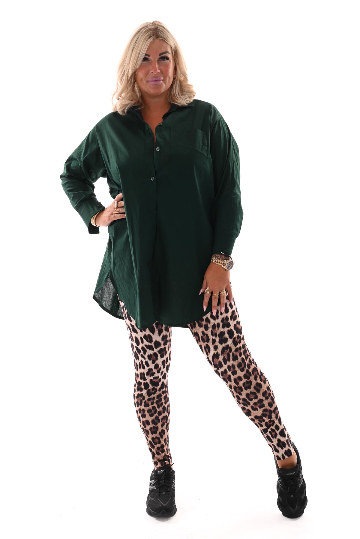 Lange doorknoop blouse uni flessengroen