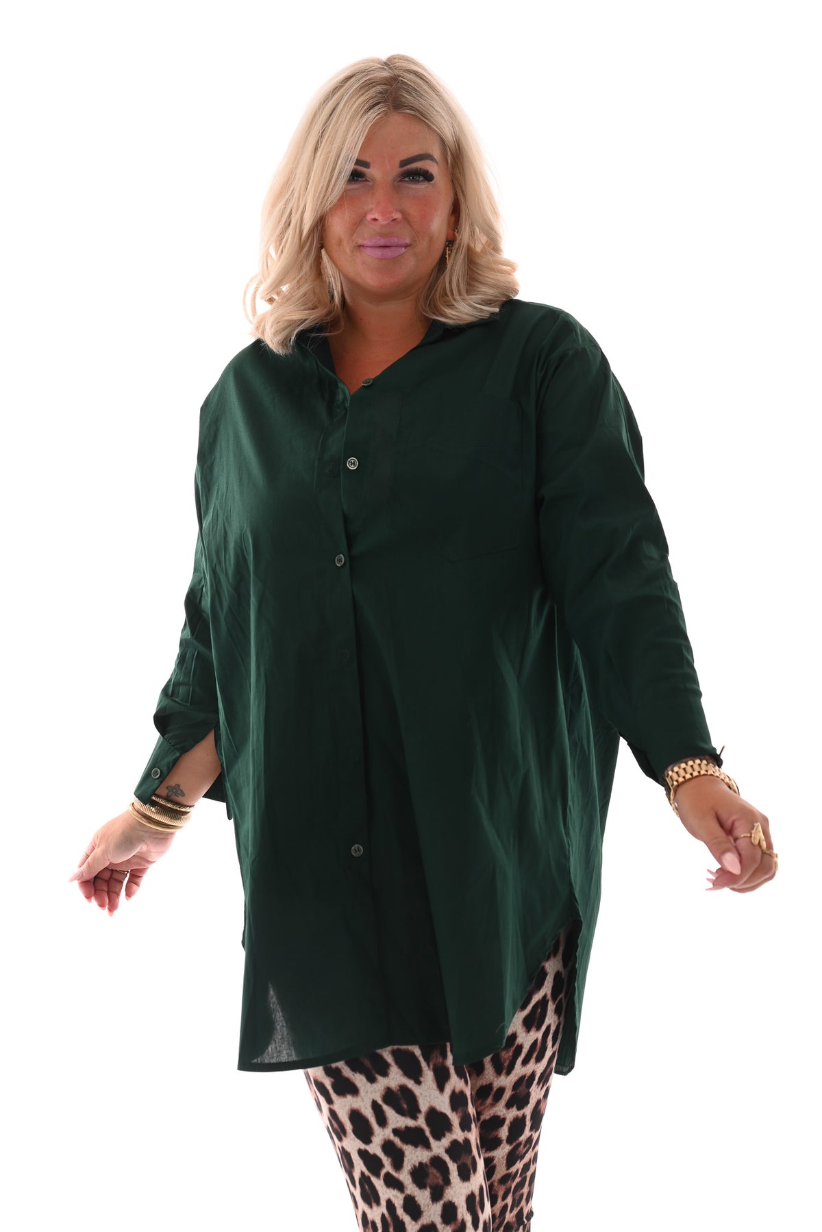 Lange doorknoop blouse uni flessengroen