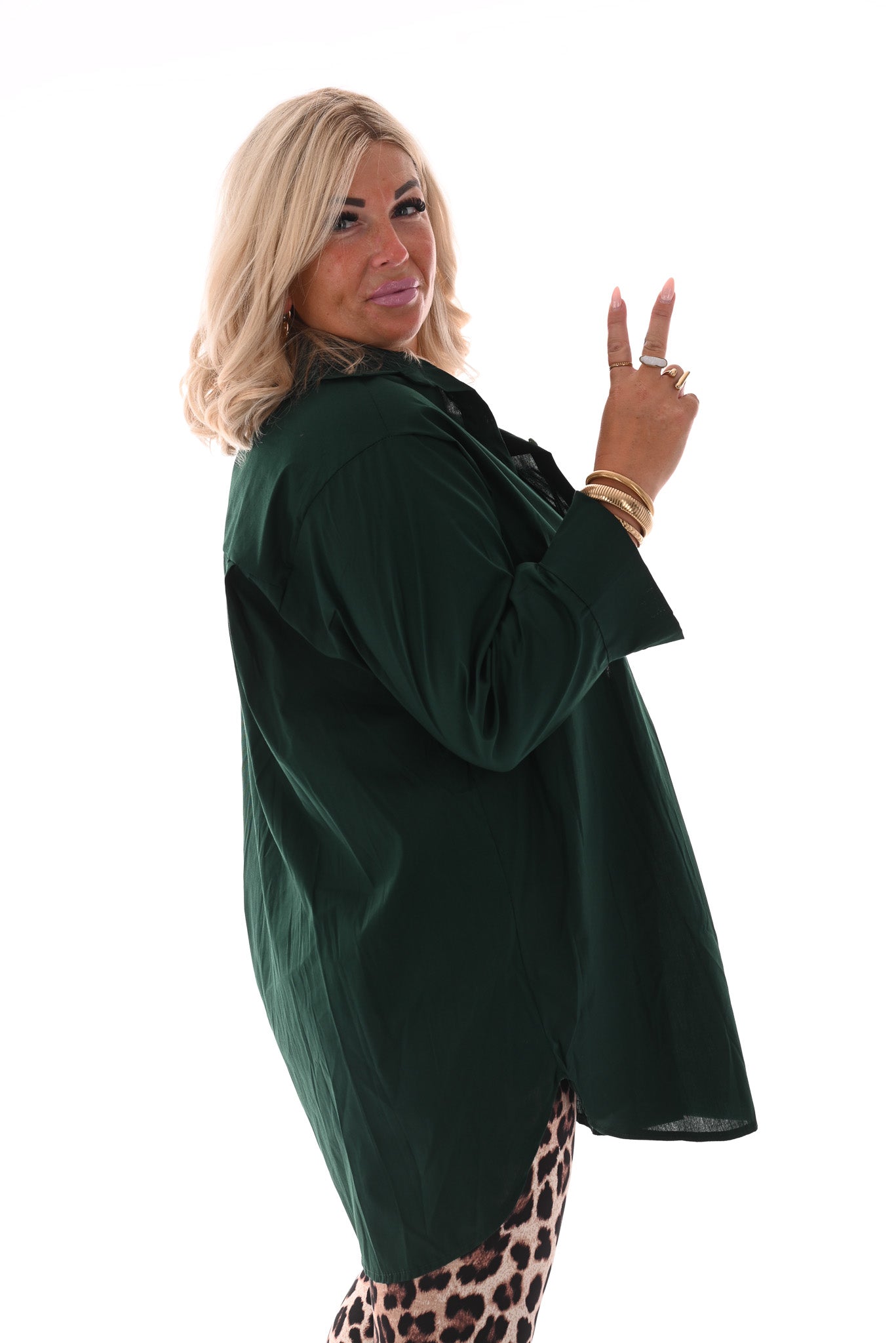Lange doorknoop blouse uni flessengroen