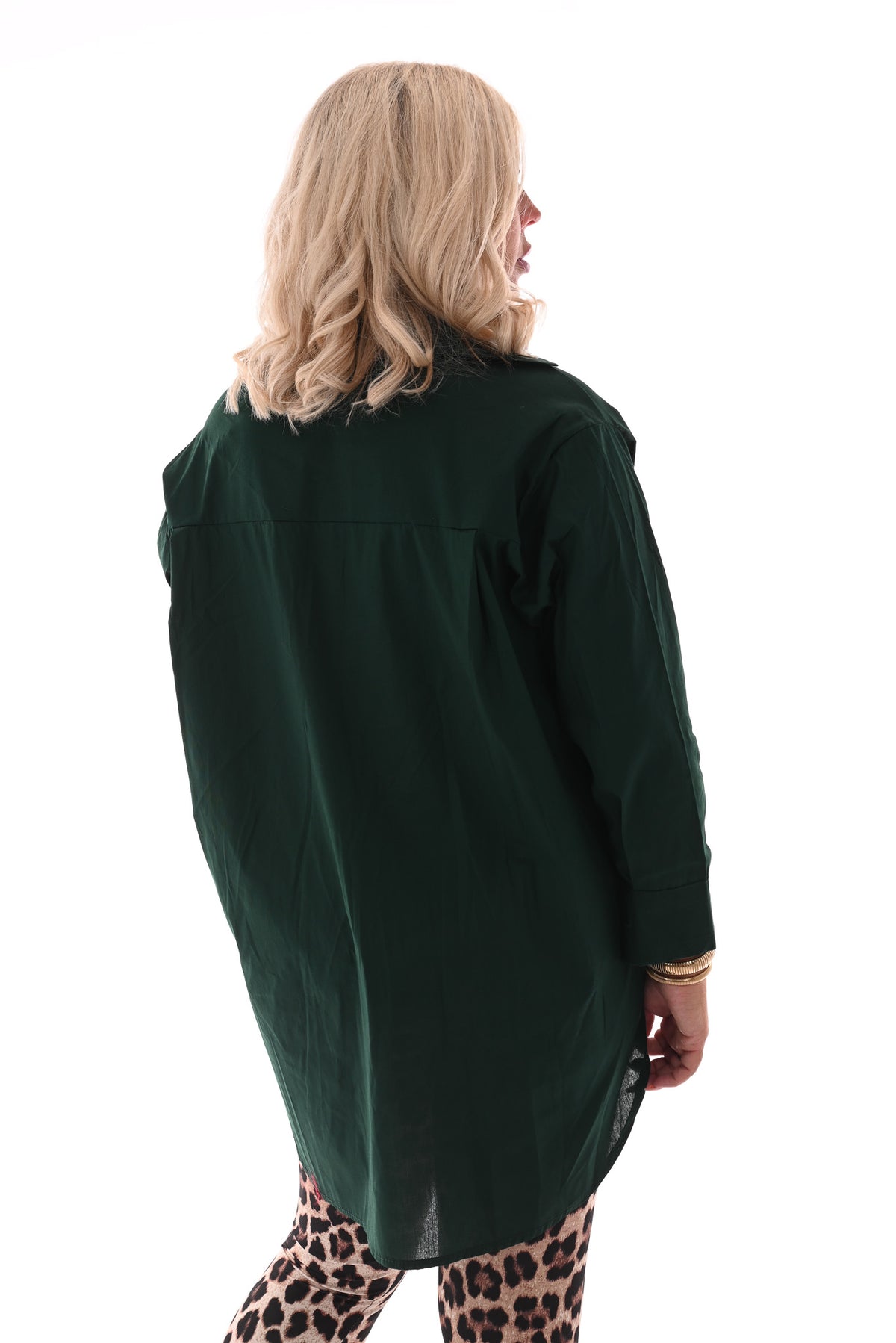 Lange doorknoop blouse uni flessengroen