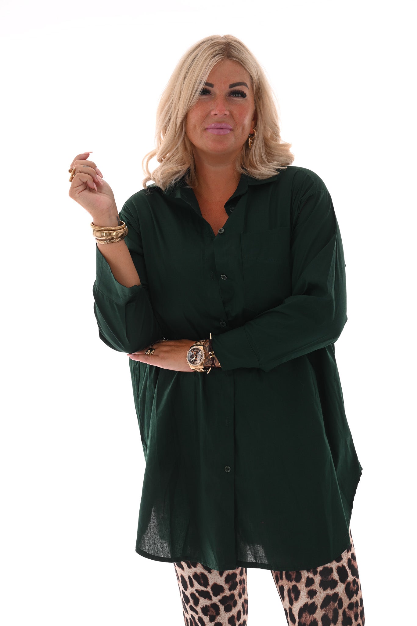 Lange doorknoop blouse uni flessengroen