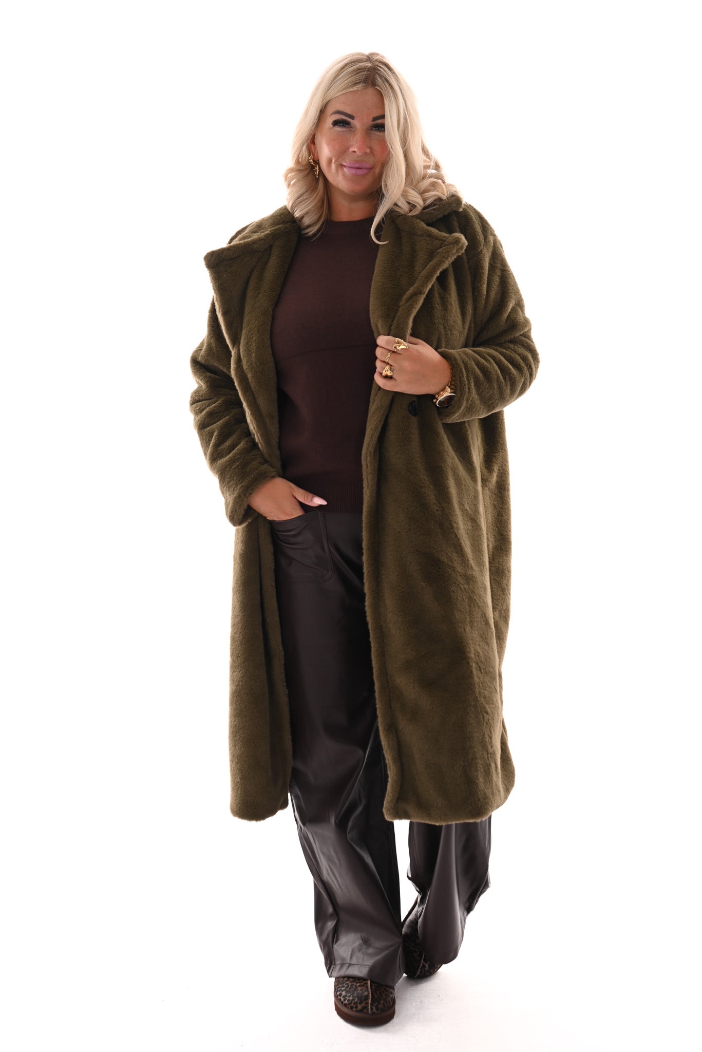 Lange faux fur manteljas groen