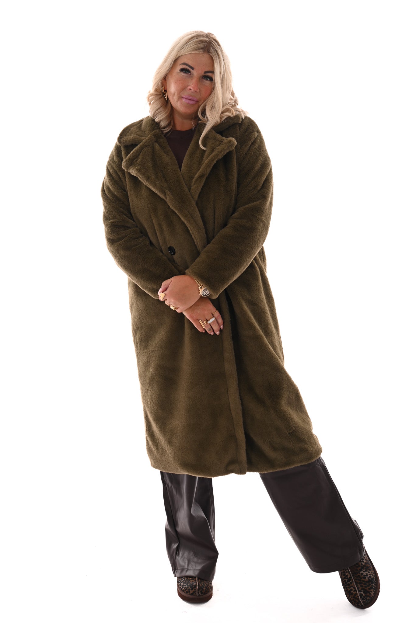 Lange faux fur manteljas groen