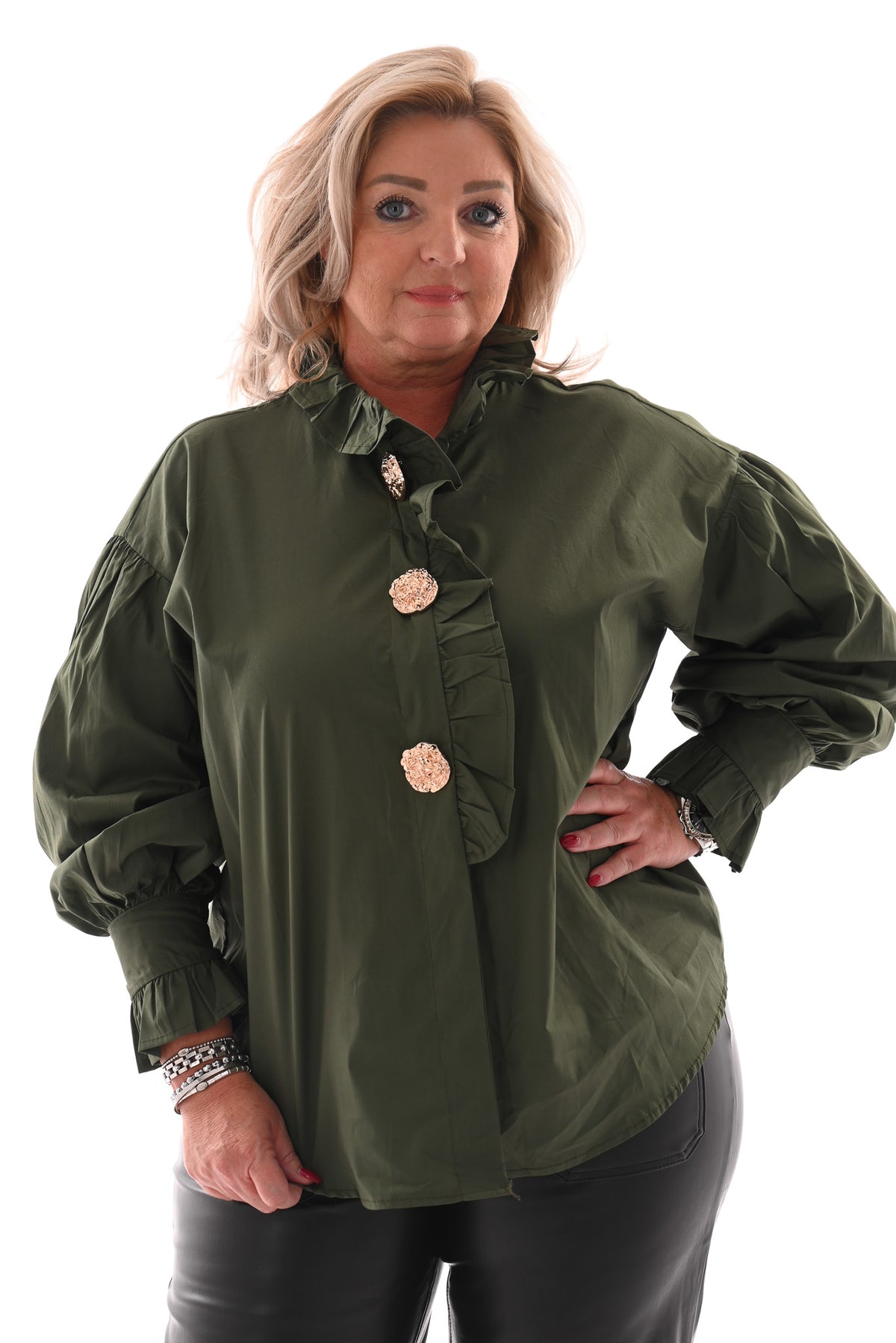Blouse met roezelkraag legergroen