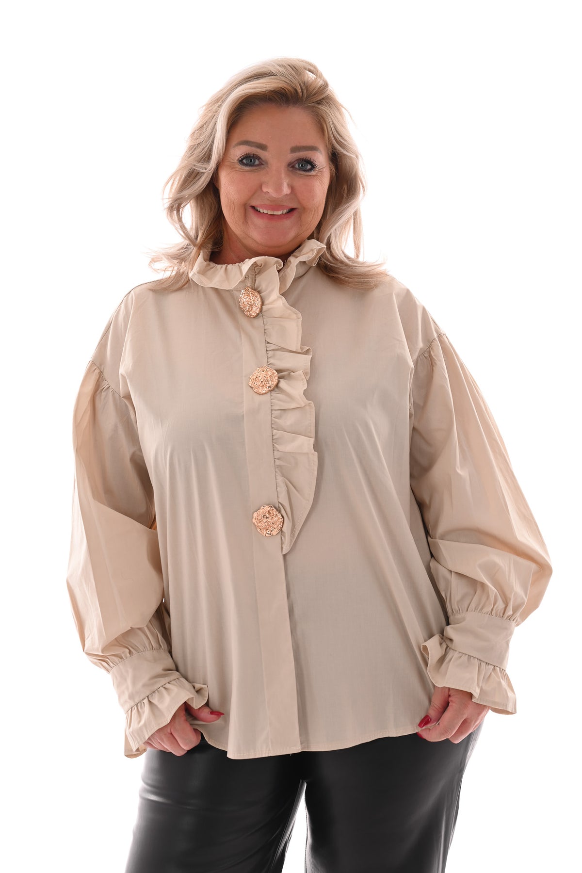 Blouse met roezelkraag beige