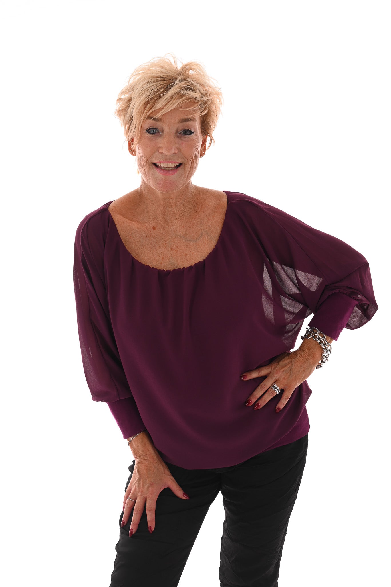 Ballon top lange mouwen uni aubergine