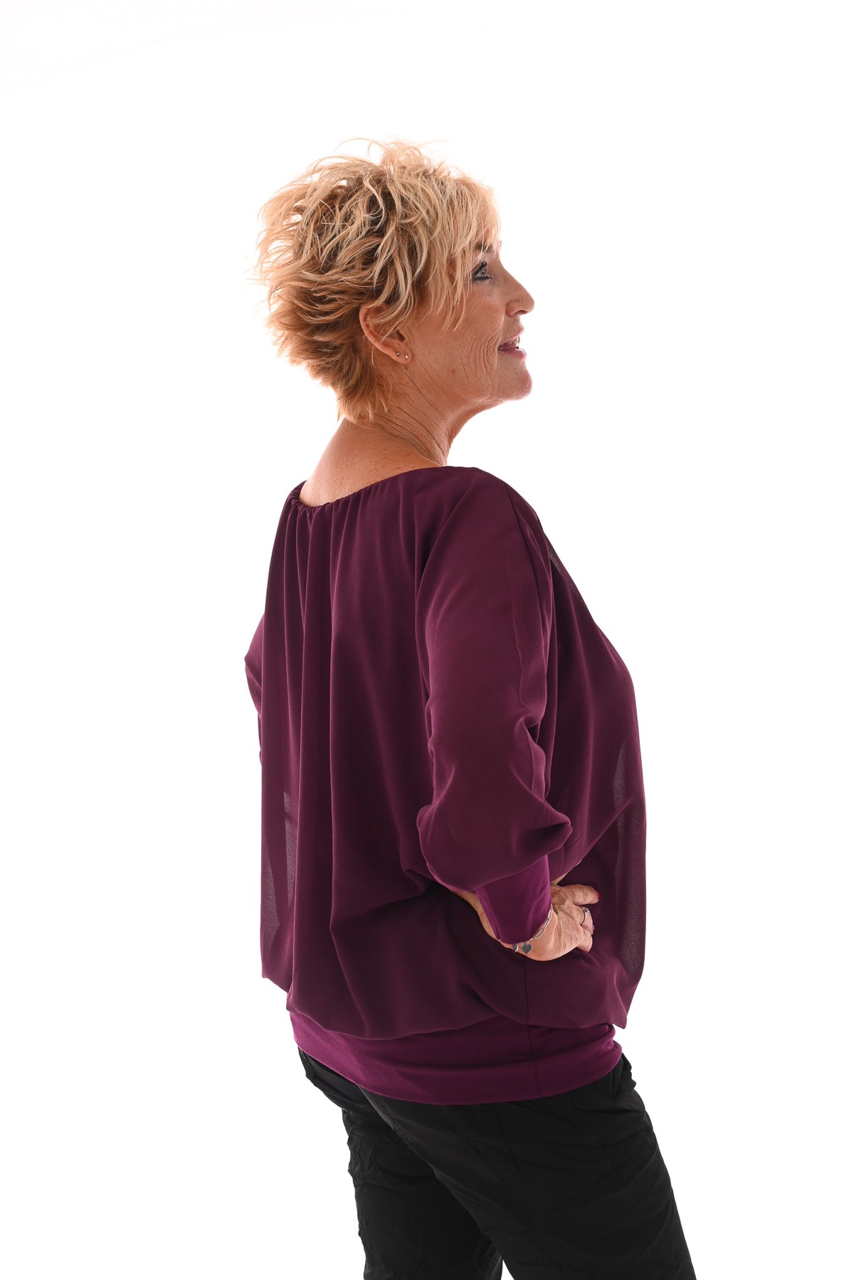 Ballon top lange mouwen uni aubergine