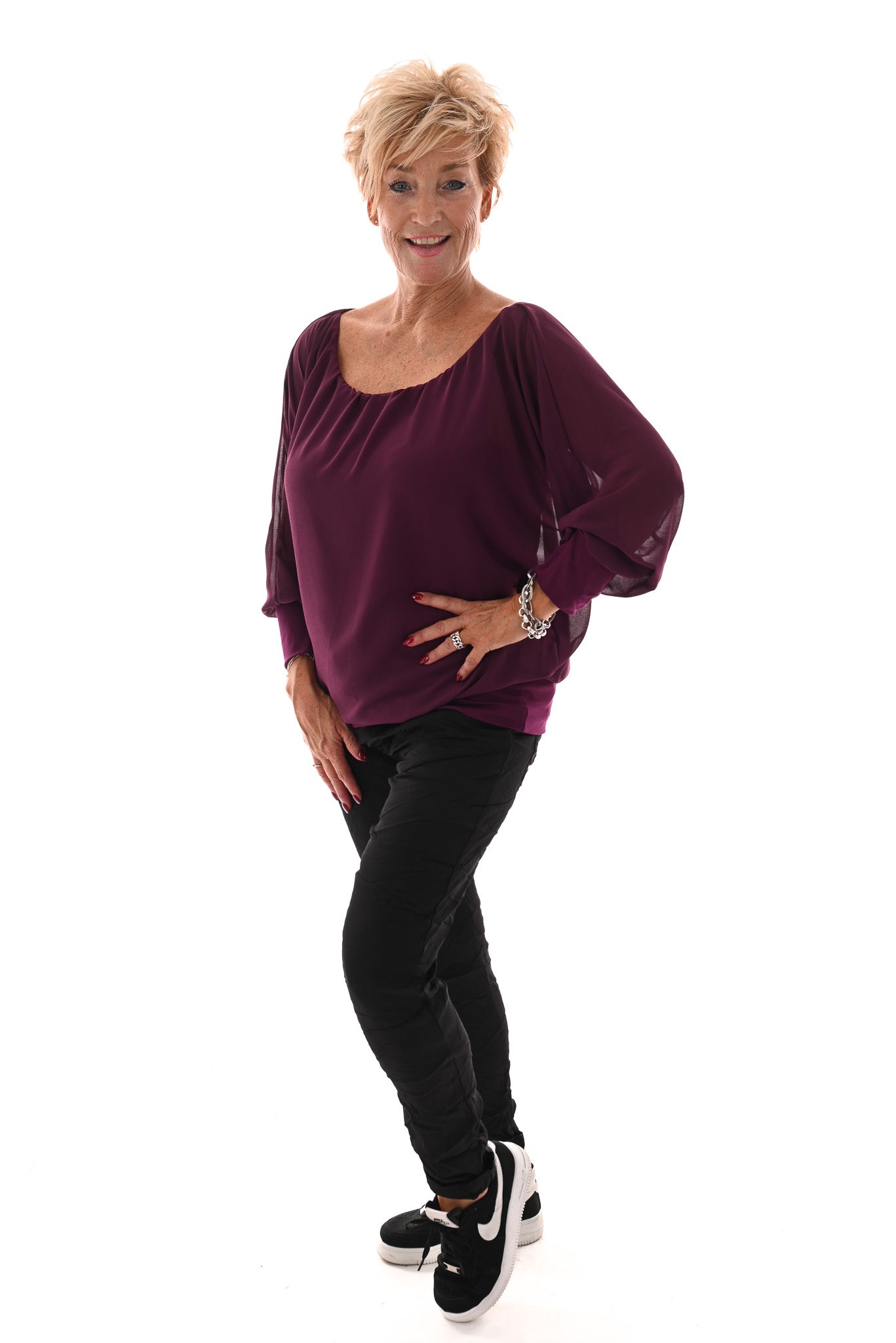Ballon top lange mouwen uni aubergine
