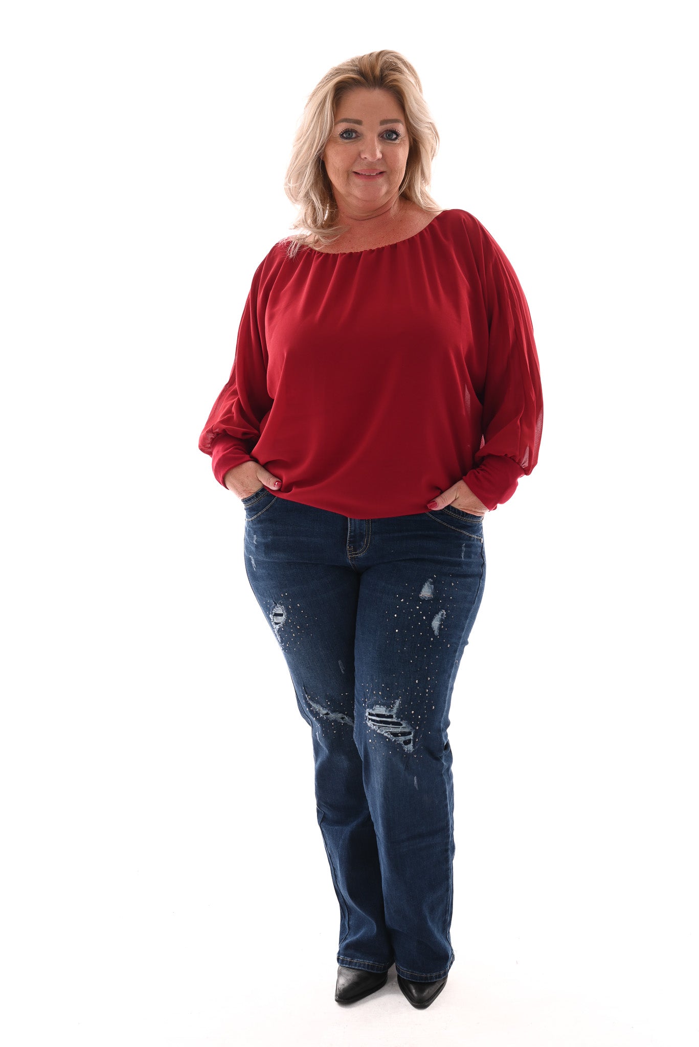 Karostar jeans straight leg slijtage en strass blauw