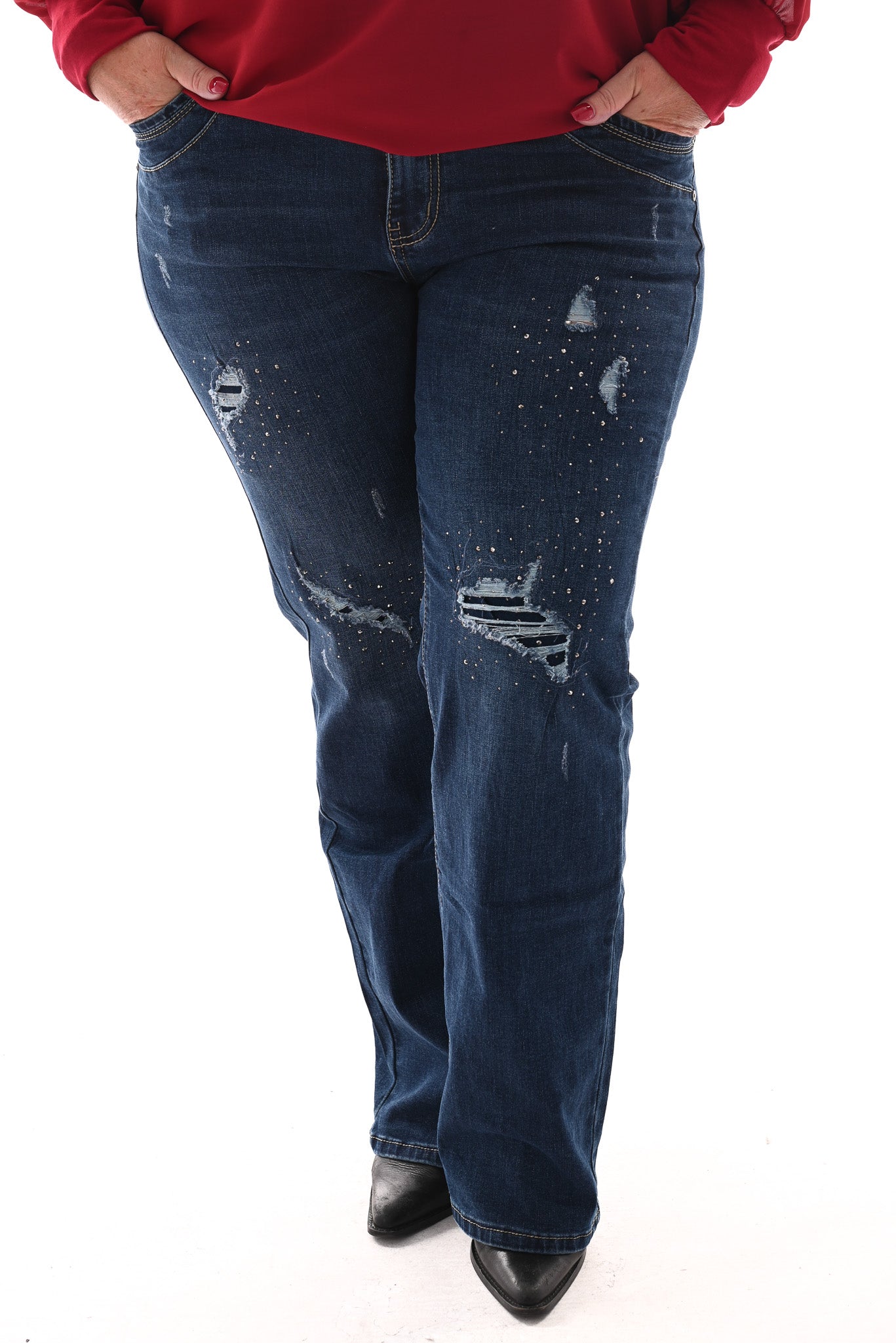 Karostar jeans straight leg slijtage en strass blauw
