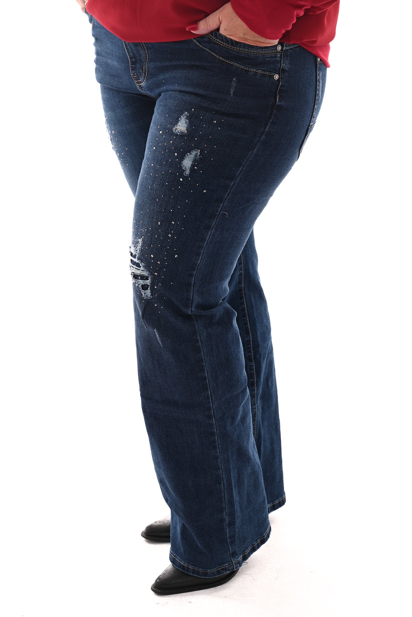 Karostar jeans straight leg slijtage en strass blauw
