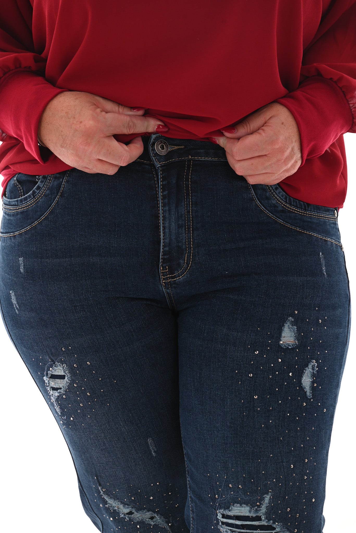Karostar jeans straight leg slijtage en strass blauw