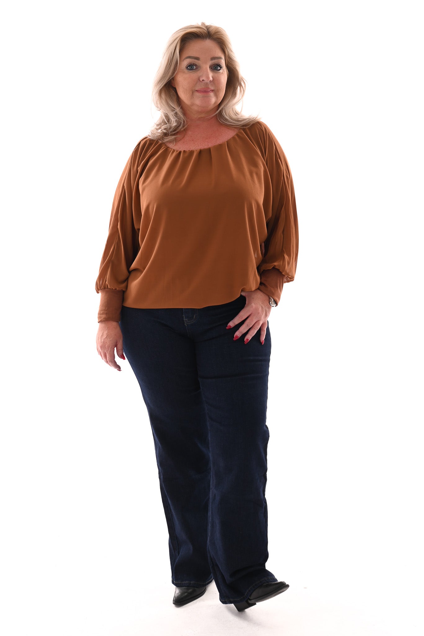 Ballon top lange mouwen uni camel