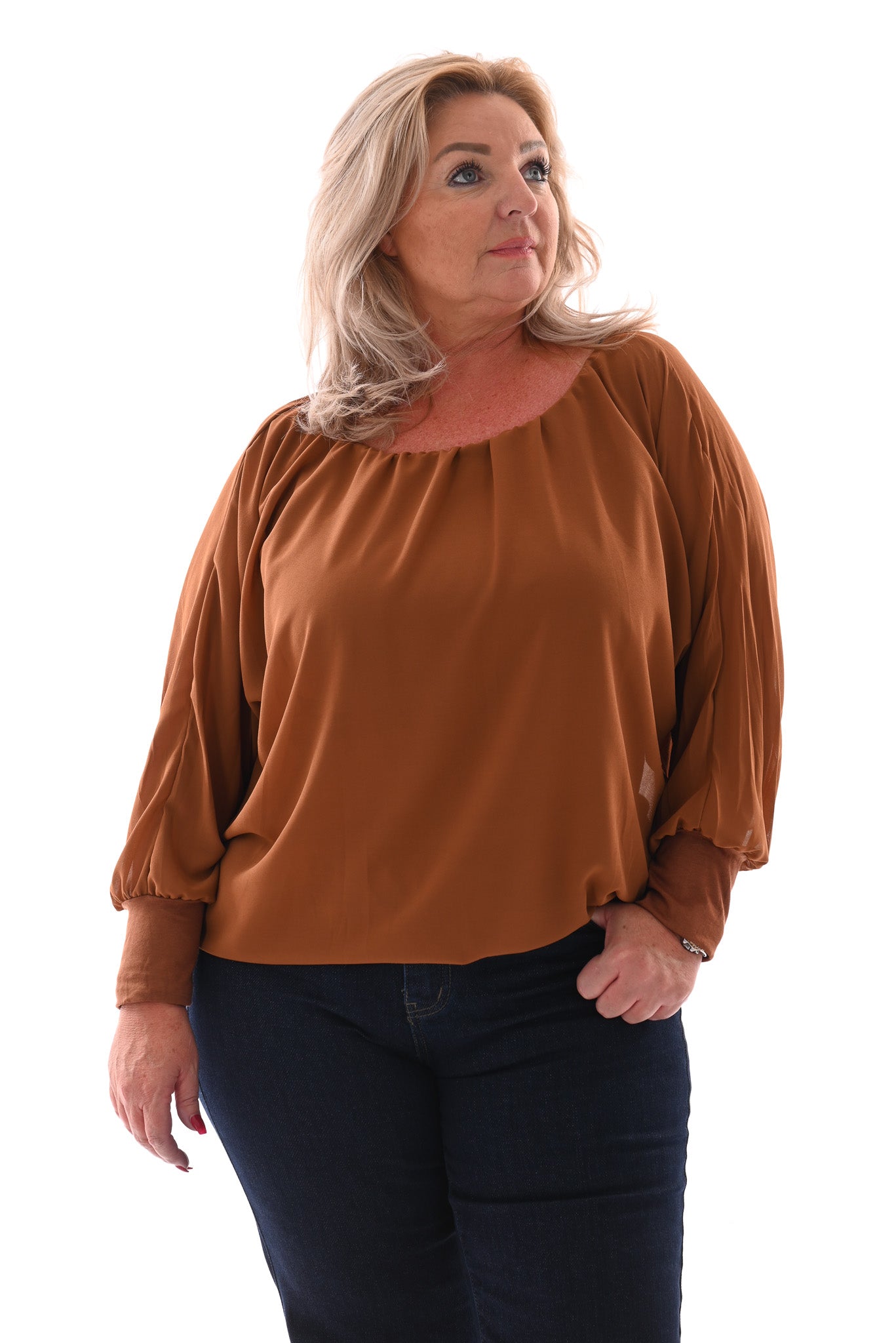 Ballon top lange mouwen uni camel