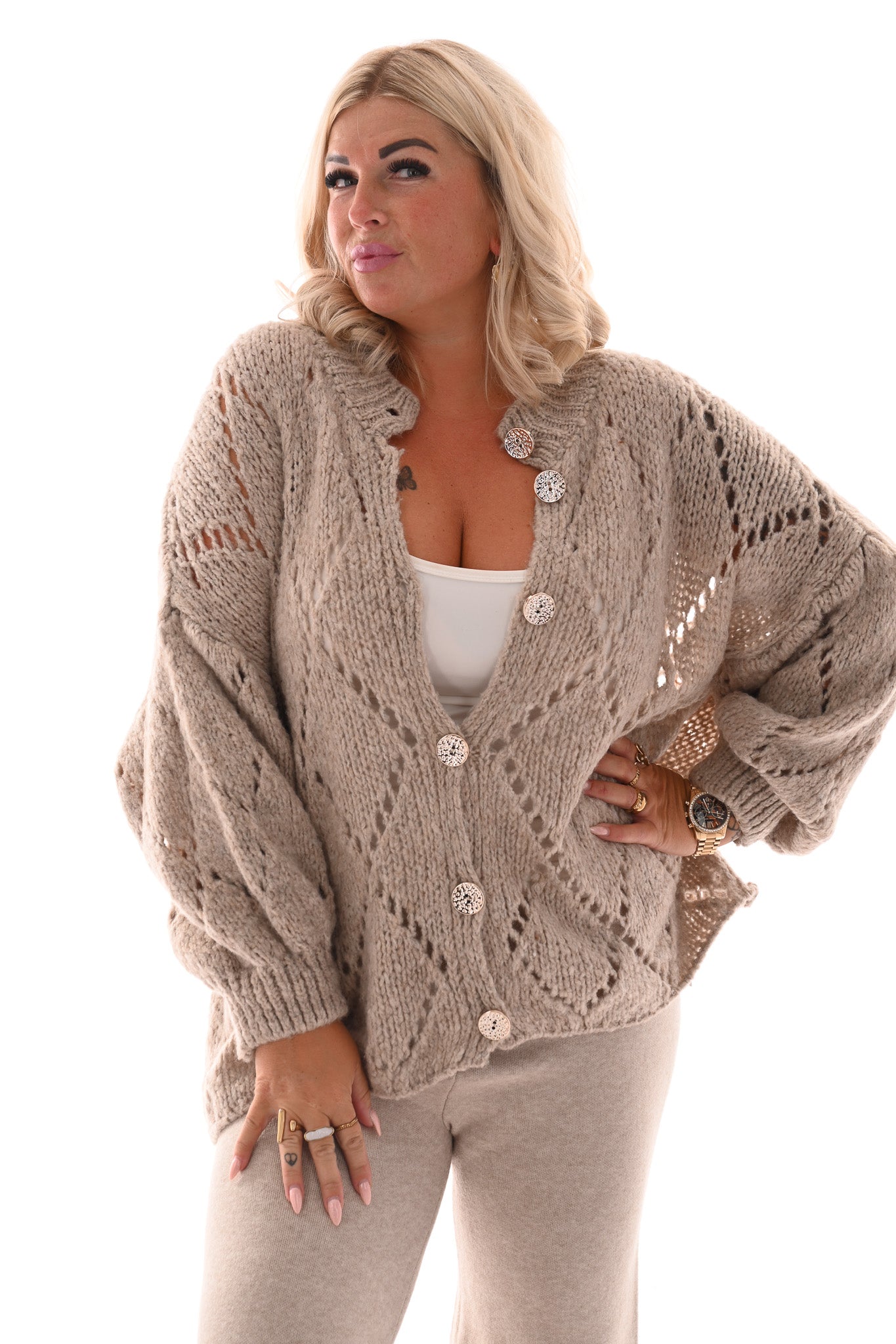 Gebreid vest ruit en knopen beige