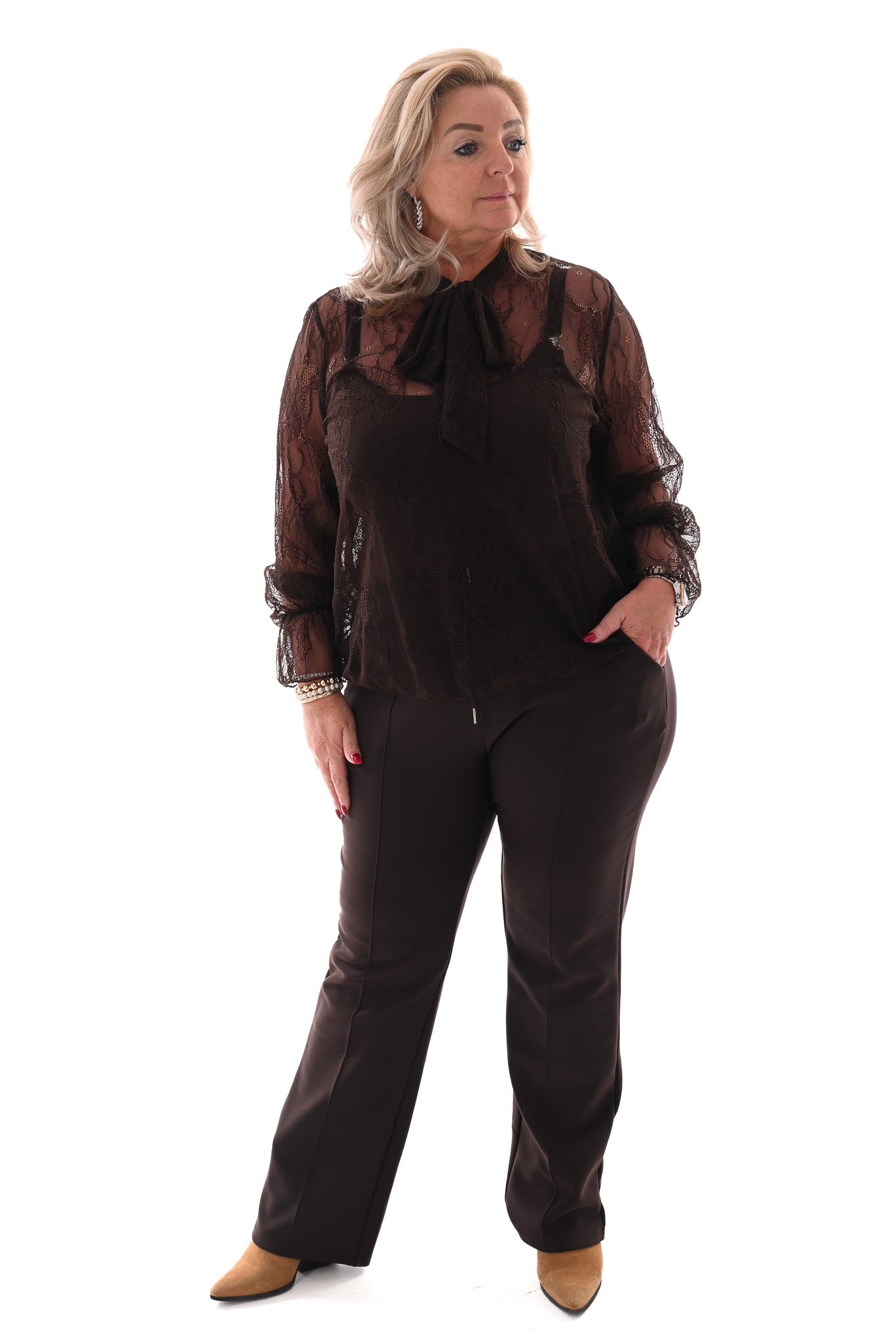 Wide leg comfy broek geplooide broek donkerbruin