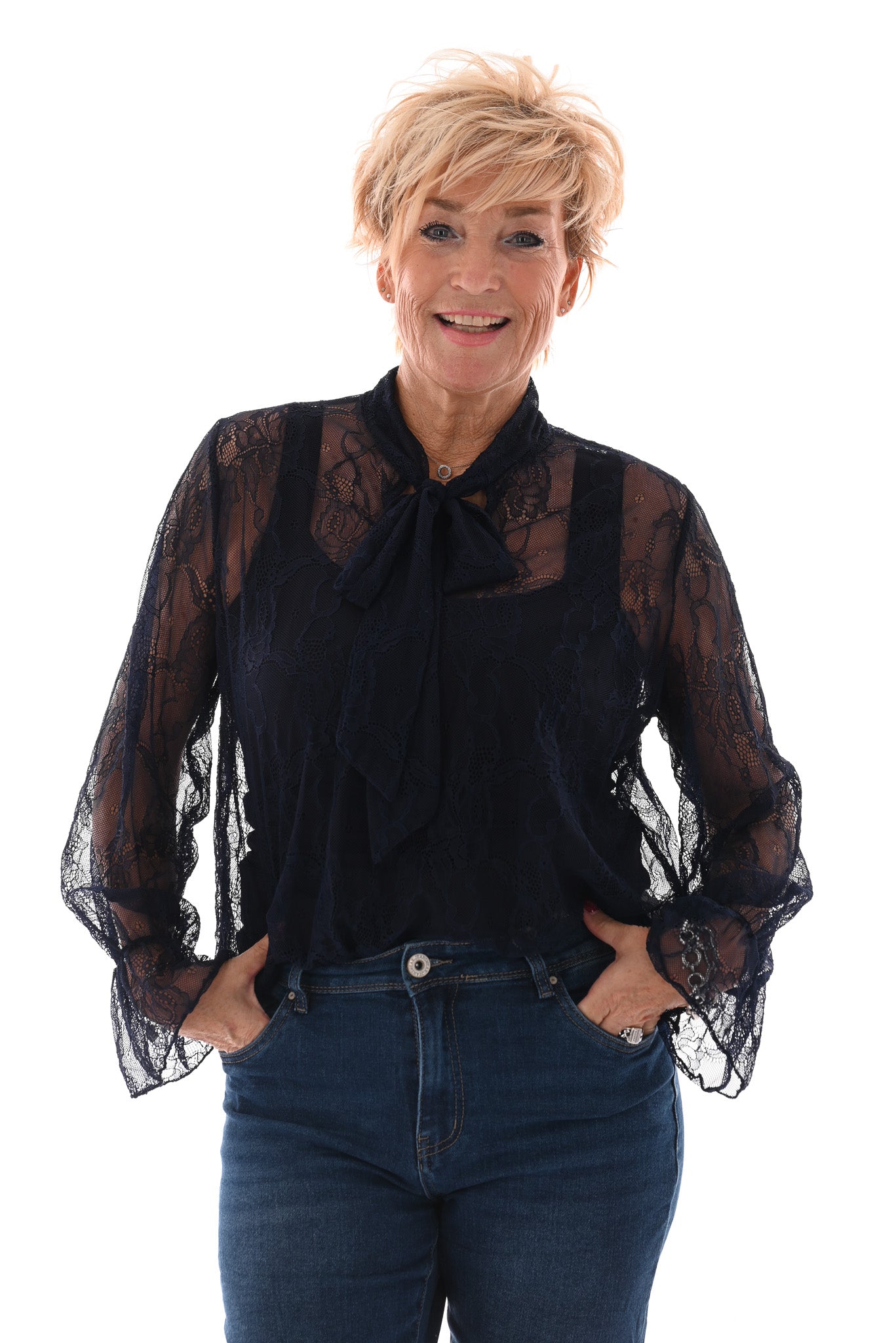 Kanten top met strik marineblauw