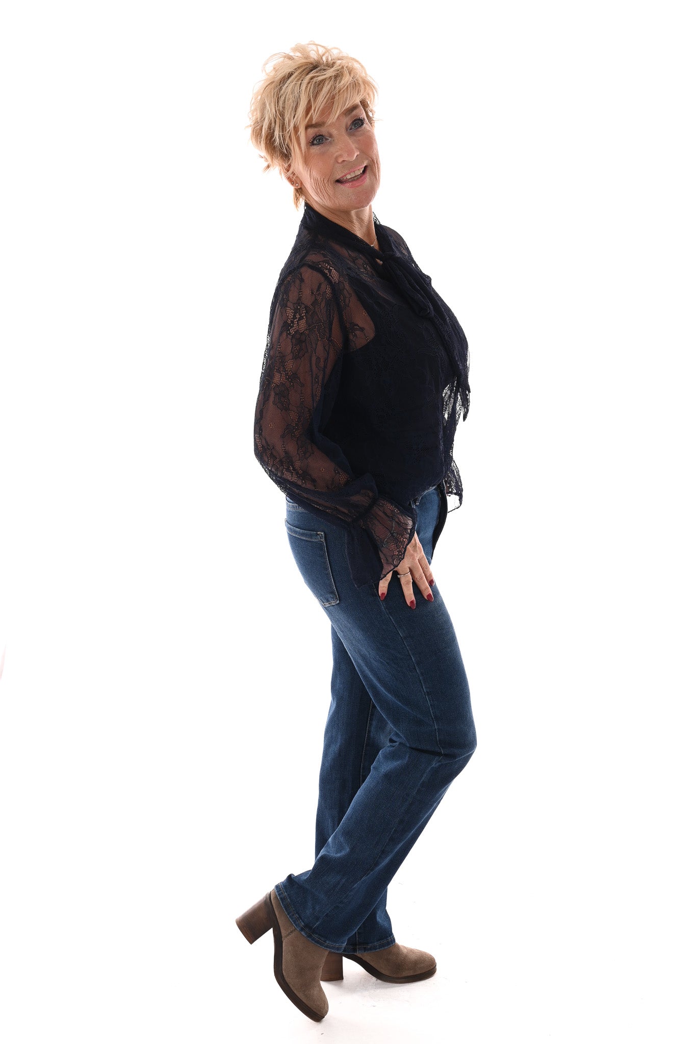 Kanten top met strik marineblauw
