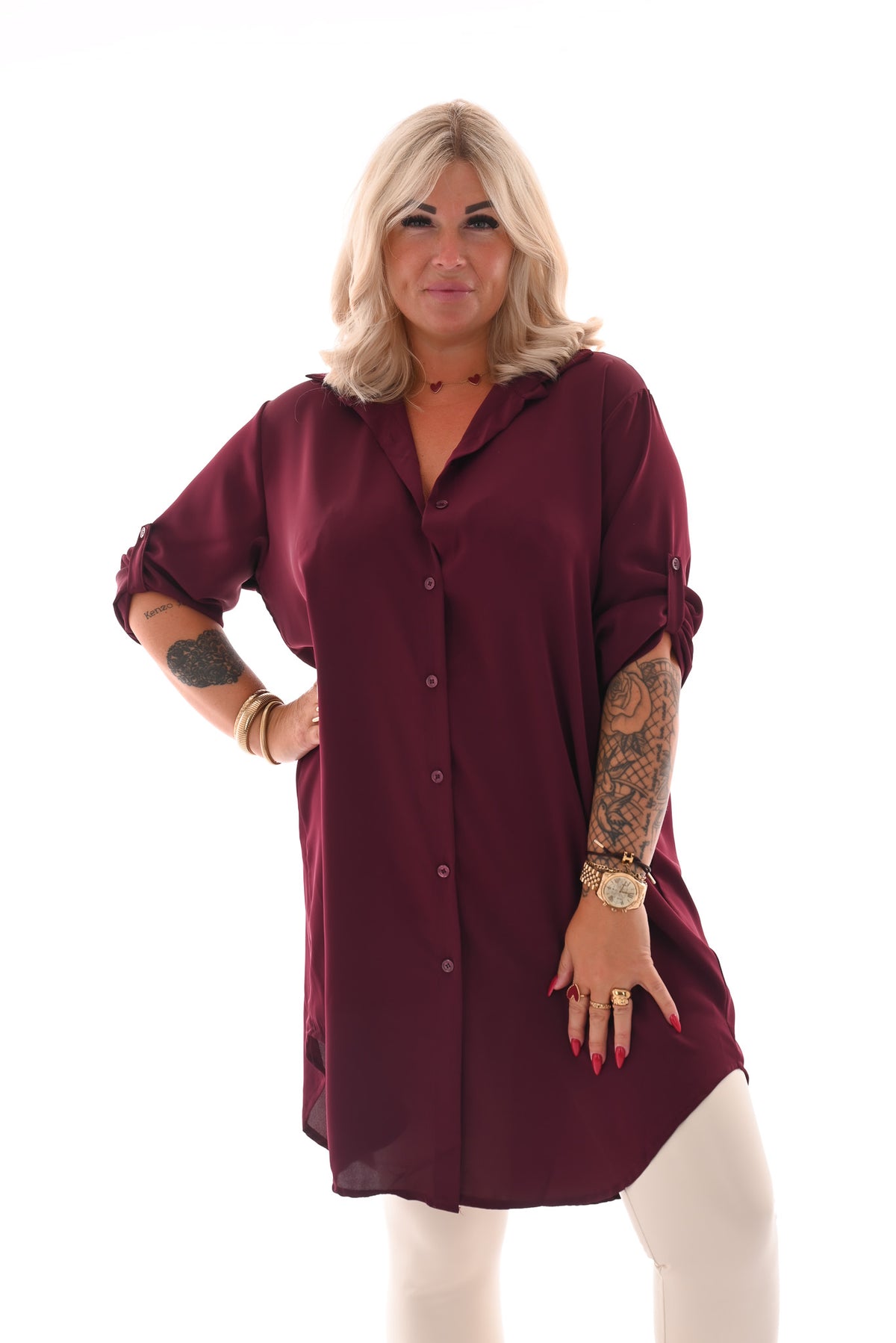 Tuniek v-hals doorknoop ophaalmouwen bordeaux