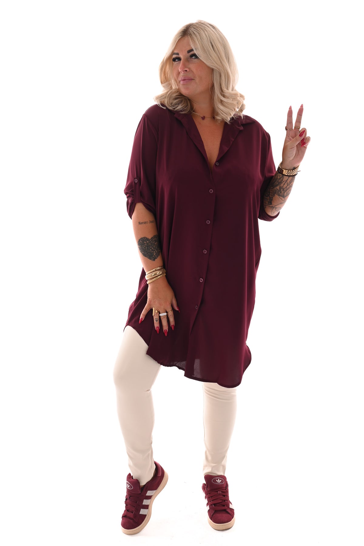 Tuniek v-hals doorknoop ophaalmouwen bordeaux