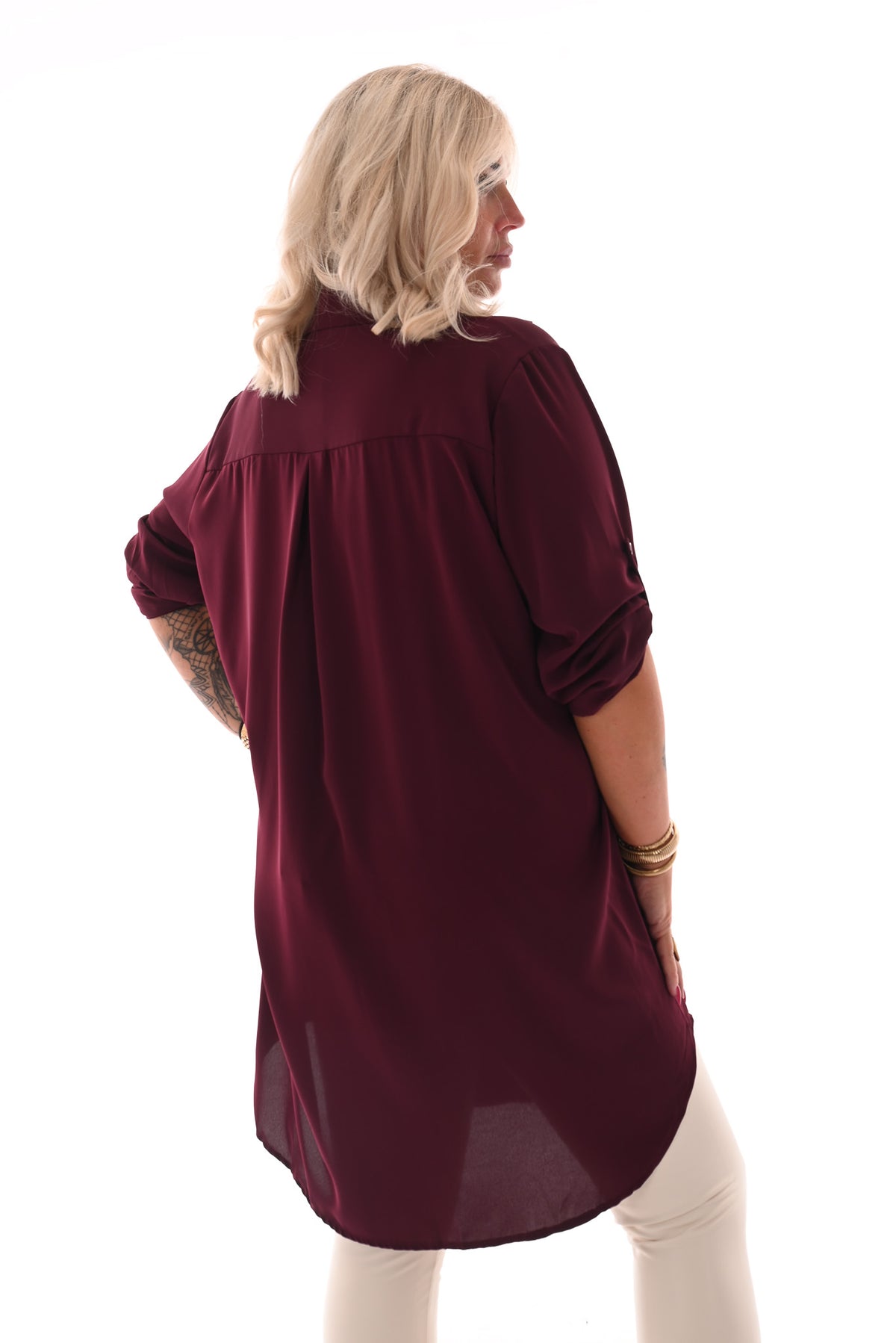 Tuniek v-hals doorknoop ophaalmouwen bordeaux