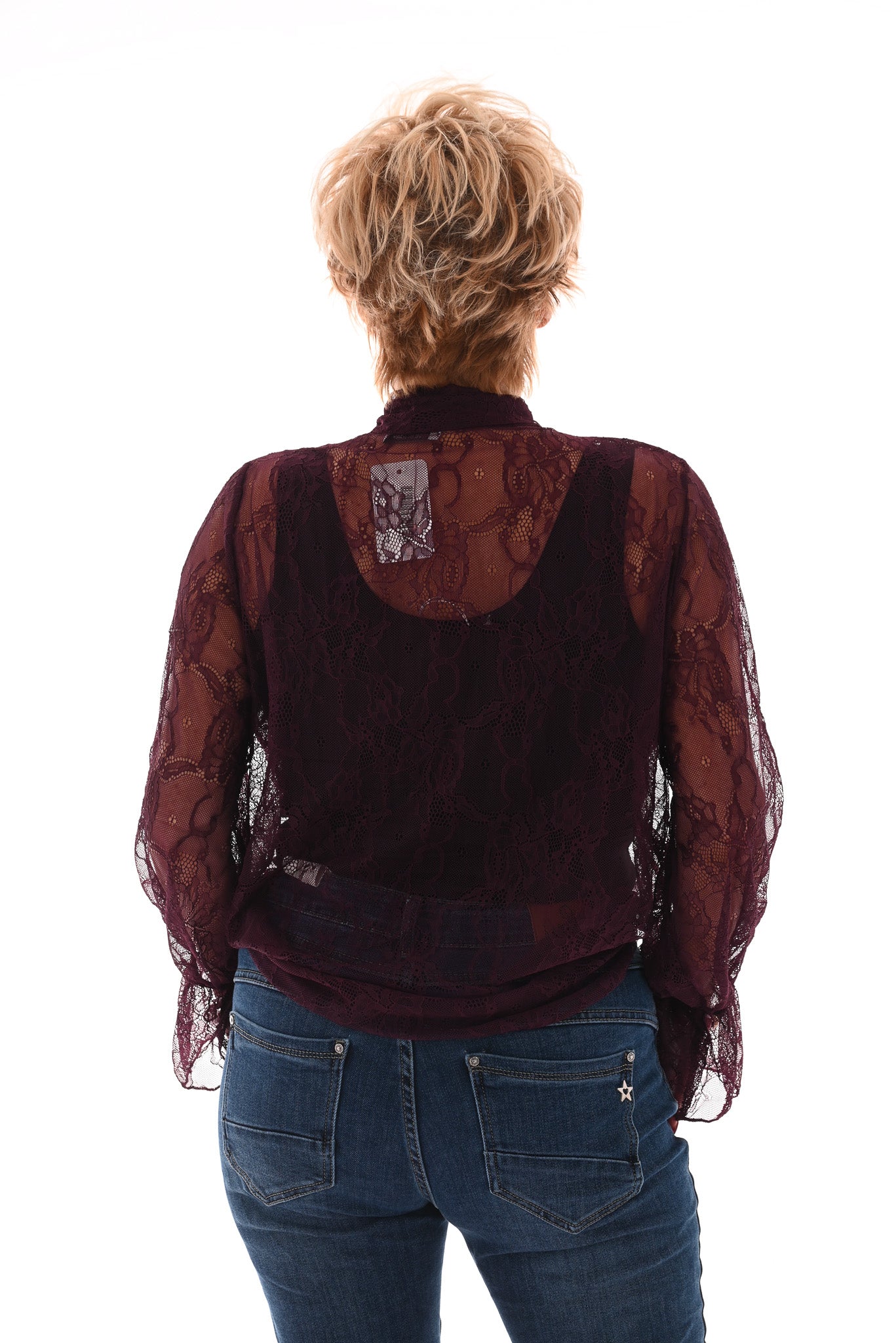 Kanten top met strik aubergine