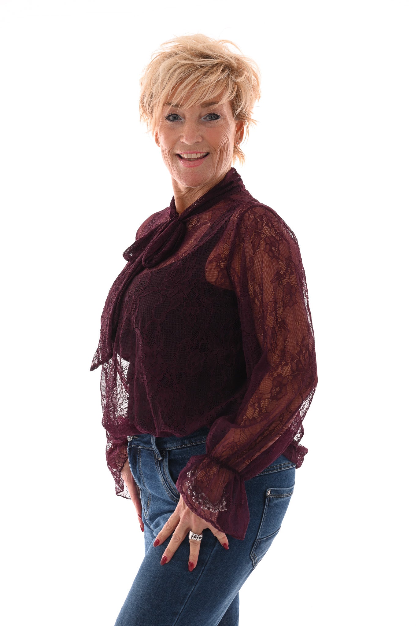 Kanten top met strik aubergine