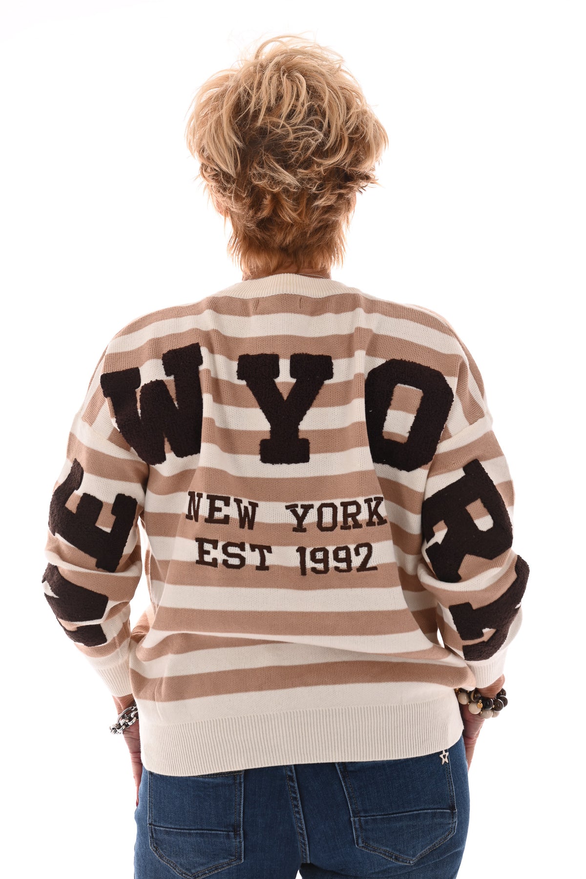 Fijn gebreide trui gestreept New York beige/roomwit