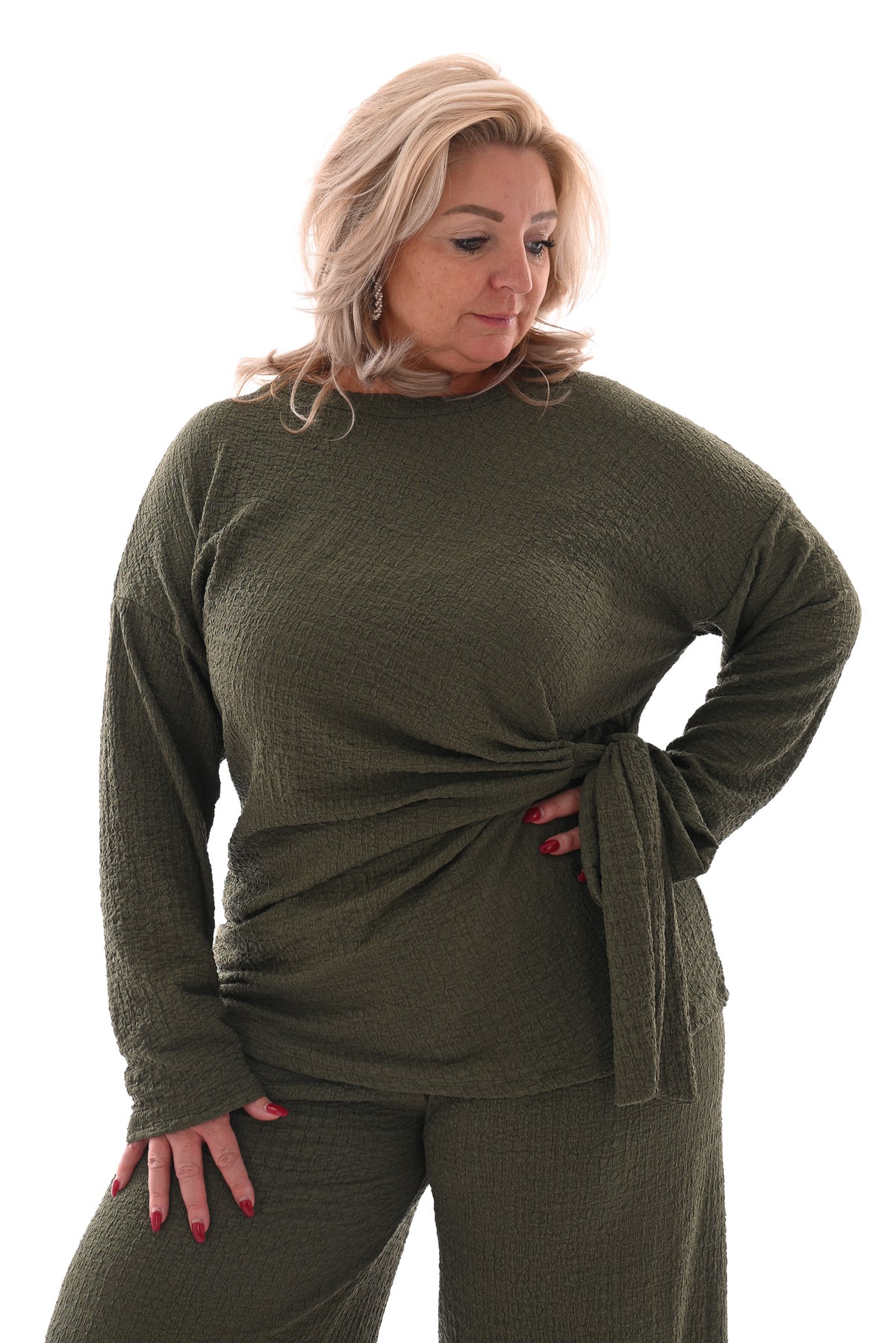 Tweedelig crepe pak met knoop lange mouwen legergroen